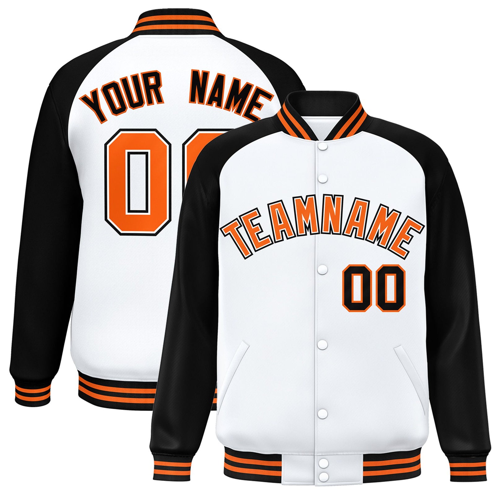 Custom White Black-Orange Bomber Raglan Sleeves Varsity Letterman Jacket