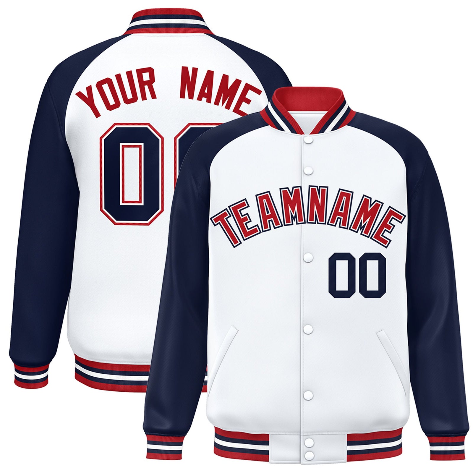 Custom White Navy-Red Bomber Raglan Sleeves Varsity Letterman Jacket