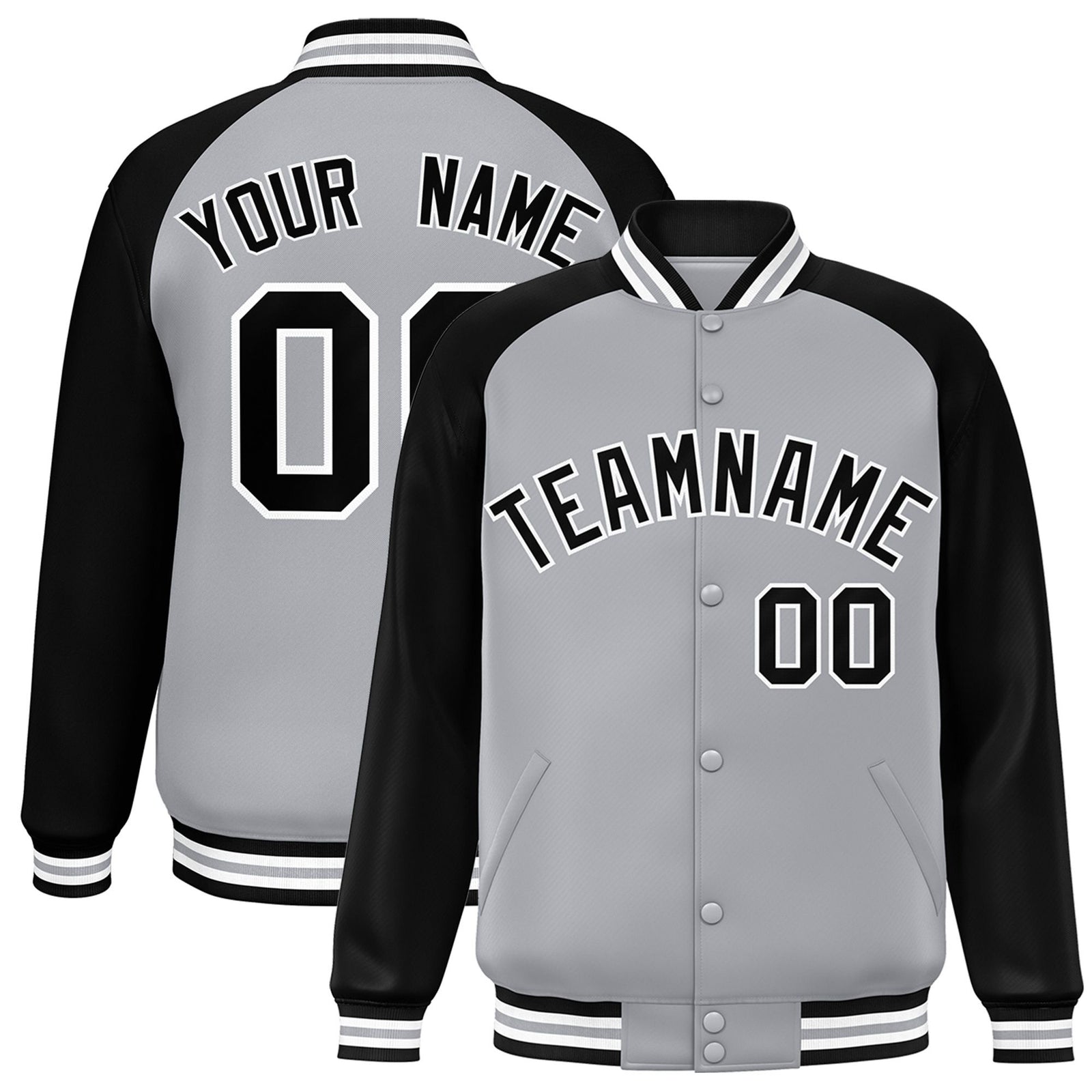 Custom Gray Black-White Gray Bomber Raglan Sleeves Varsity Letterman Jacket