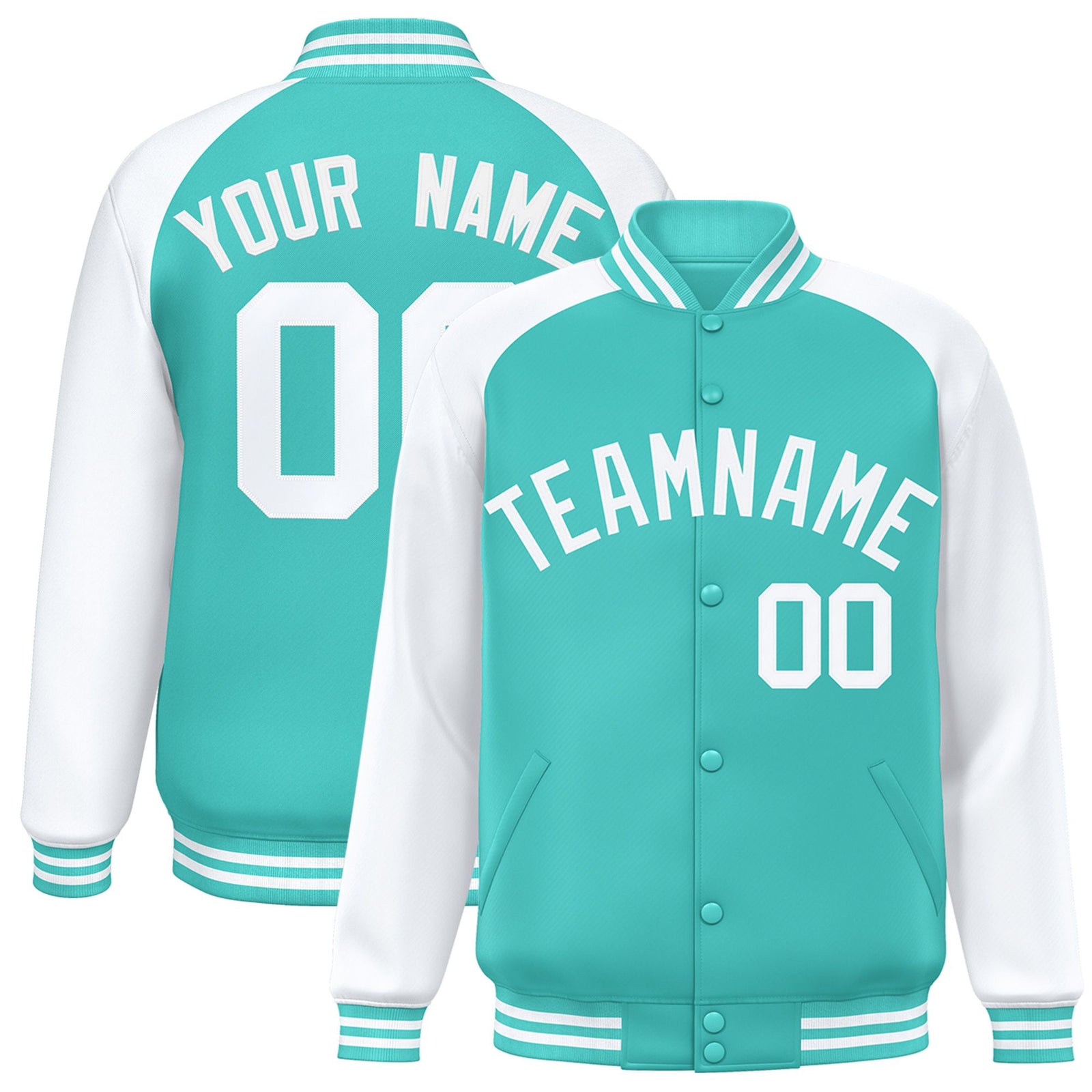 Custom Aqua-White Bomber Raglan Sleeves Varsity Letterman Jacket