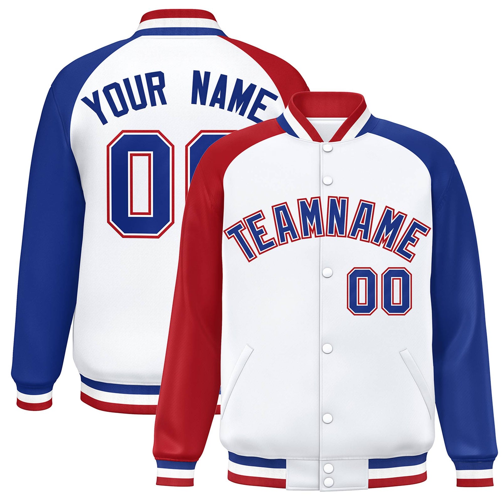 Custom White Royal-Red Thunder-Blue Bomber Raglan Sleeves Varsity Letterman Jacket