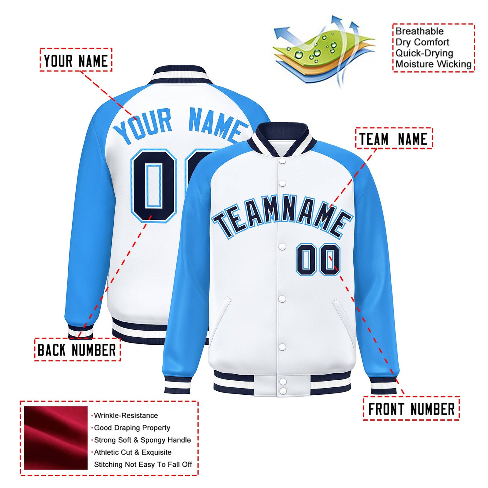 Custom White Light-Blue Black Bomber Raglan Sleeves Varsity Letterman Jacket