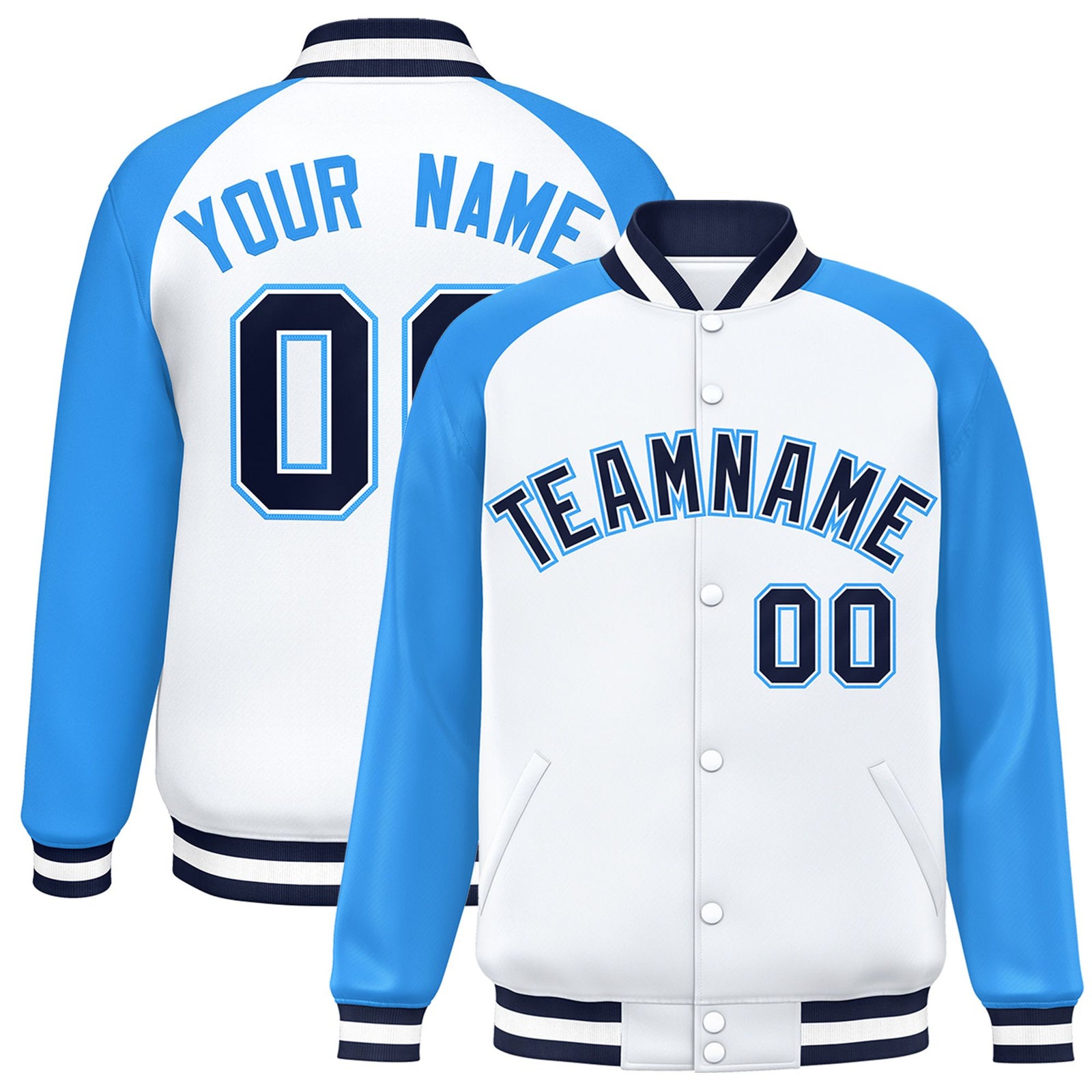 Custom White Light-Blue Black Bomber Raglan Sleeves Varsity Letterman Jacket