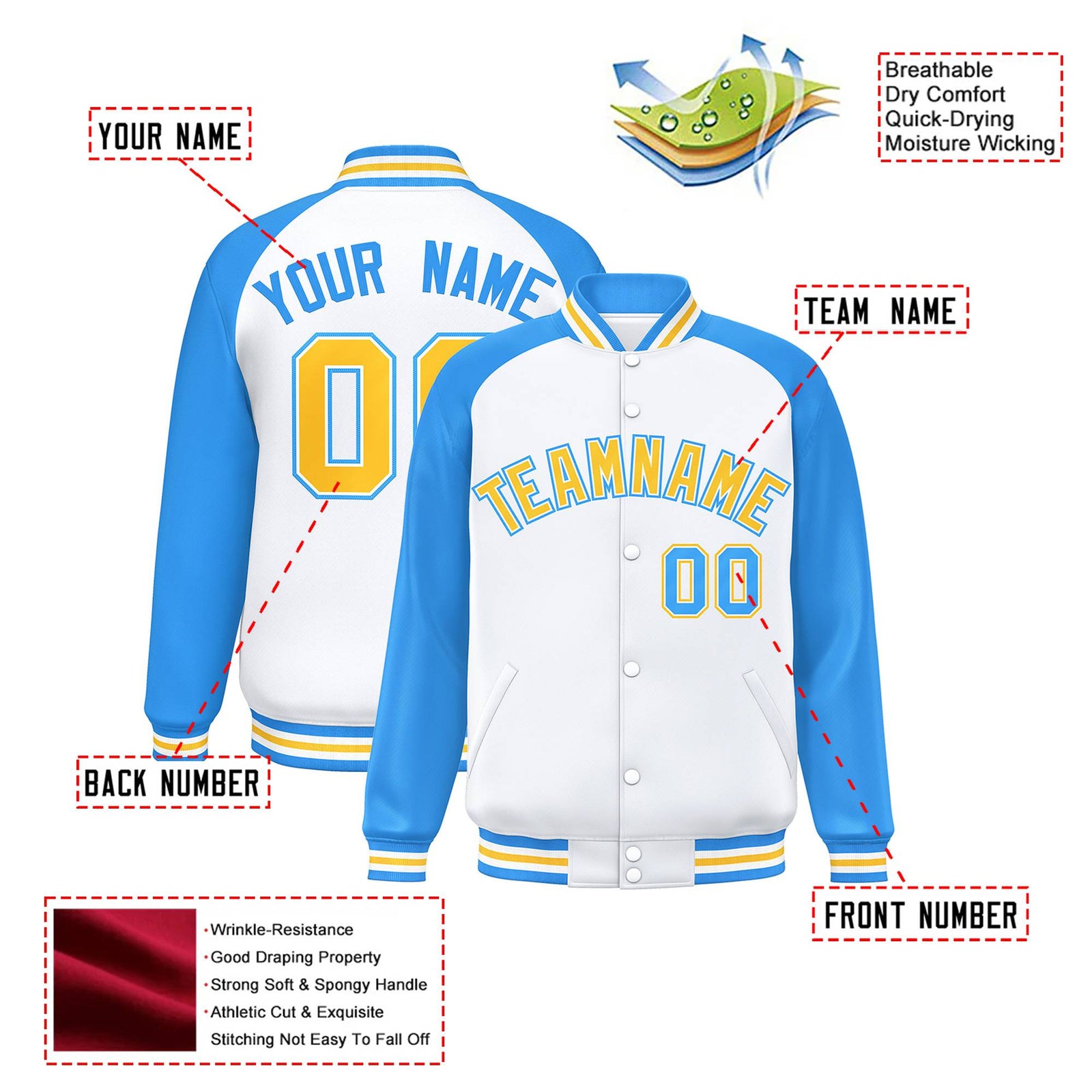 Custom White Light-Blue Yellow Bomber Raglan Sleeves Varsity Letterman Jacket