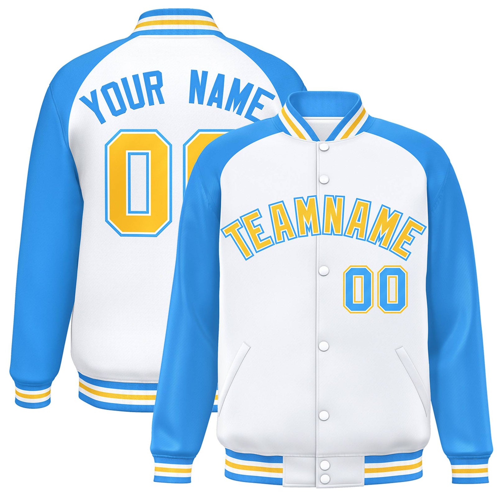 Custom White Light-Blue Yellow Bomber Raglan Sleeves Varsity Letterman Jacket