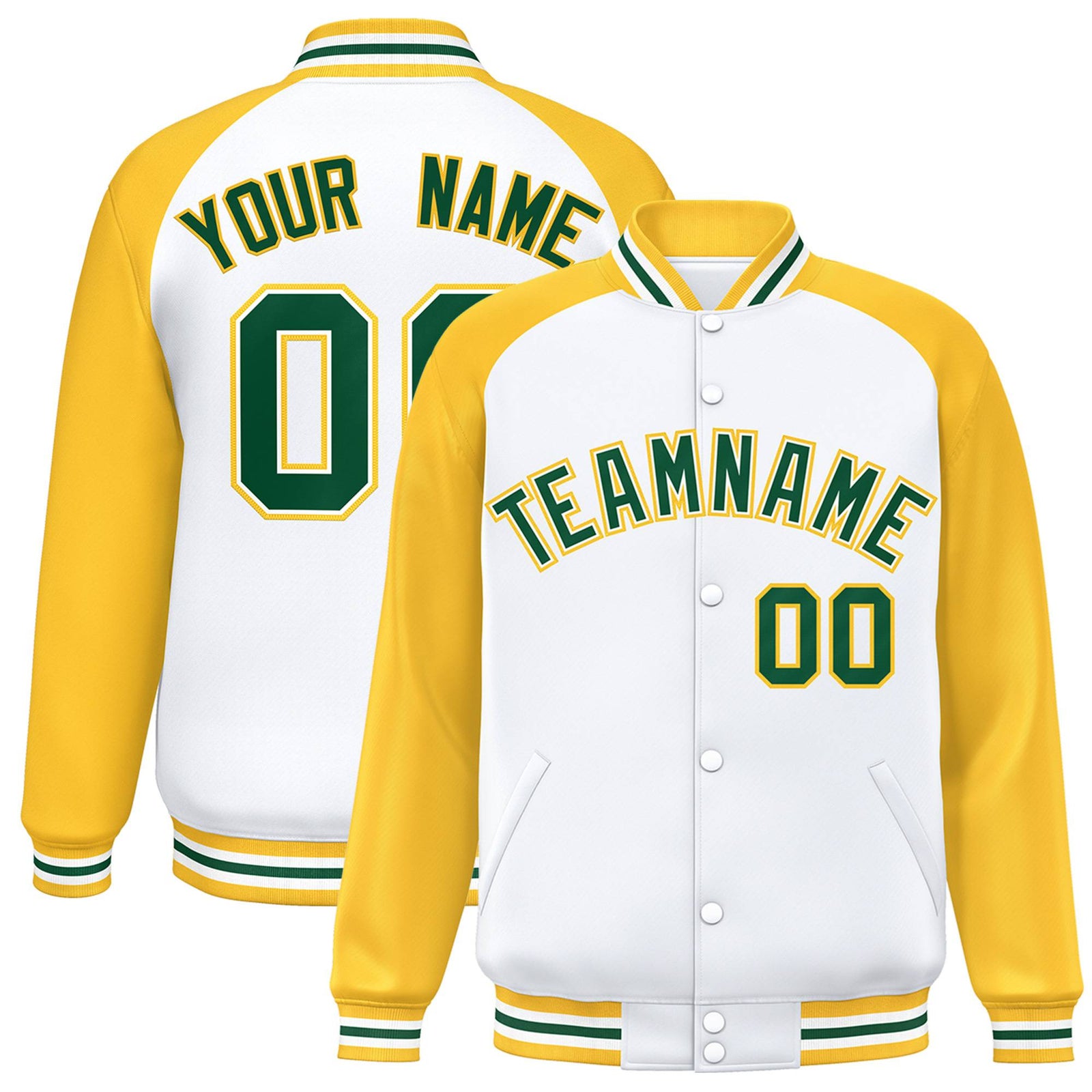 Custom White-Yellow Neon-Green Bomber Raglan Sleeves Varsity Letterman Jacket
