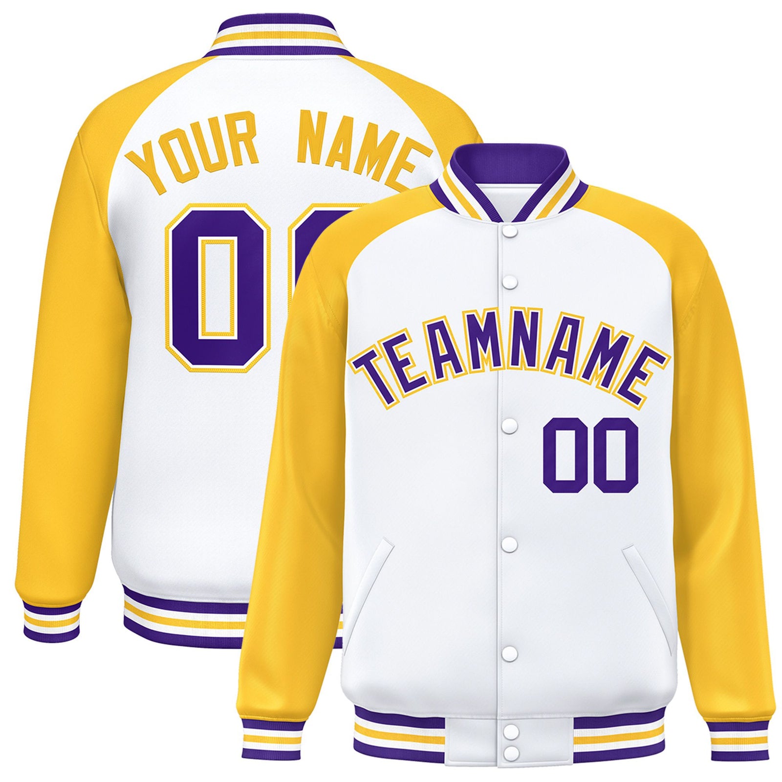 Custom White-Yellow Purple Bomber Raglan Sleeves Varsity Letterman Jacket