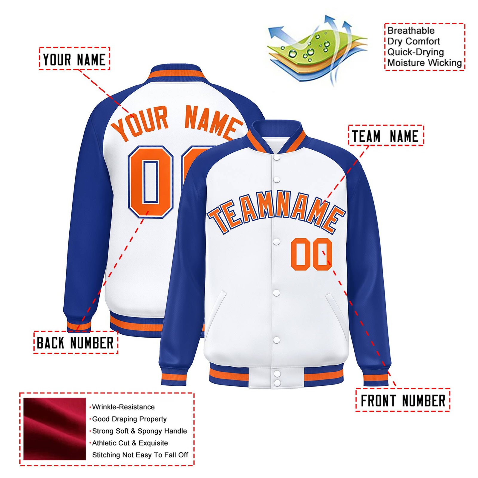 Custom White Thunder-Blue Orange Bomber Raglan Sleeves Varsity Letterman Jacket