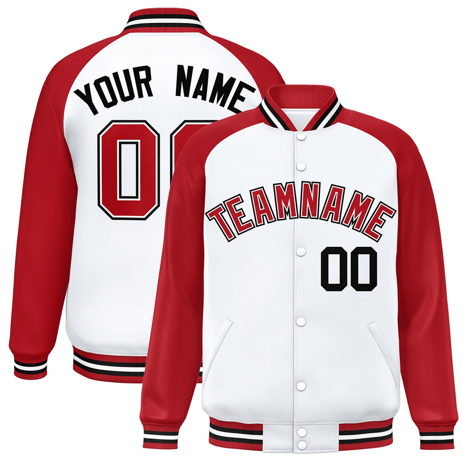 Custom White Red Black Bomber Raglan Sleeves Varsity Letterman Jacket