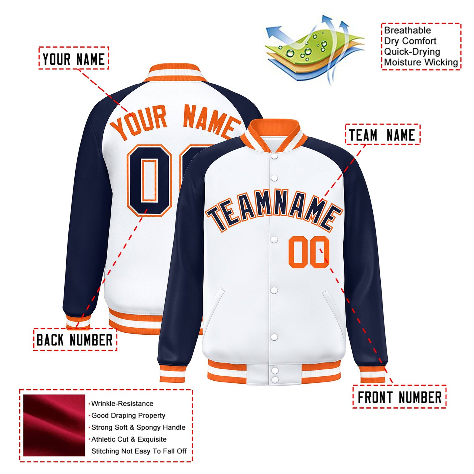 Custom White Navy Orange Bomber Raglan Sleeves Varsity Letterman Jacket