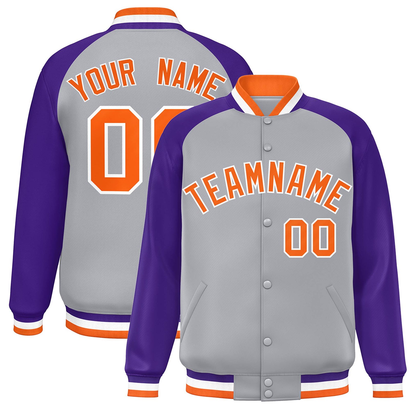 Custom Gray Purple Orange Bomber Raglan Sleeves Varsity Letterman Jacket