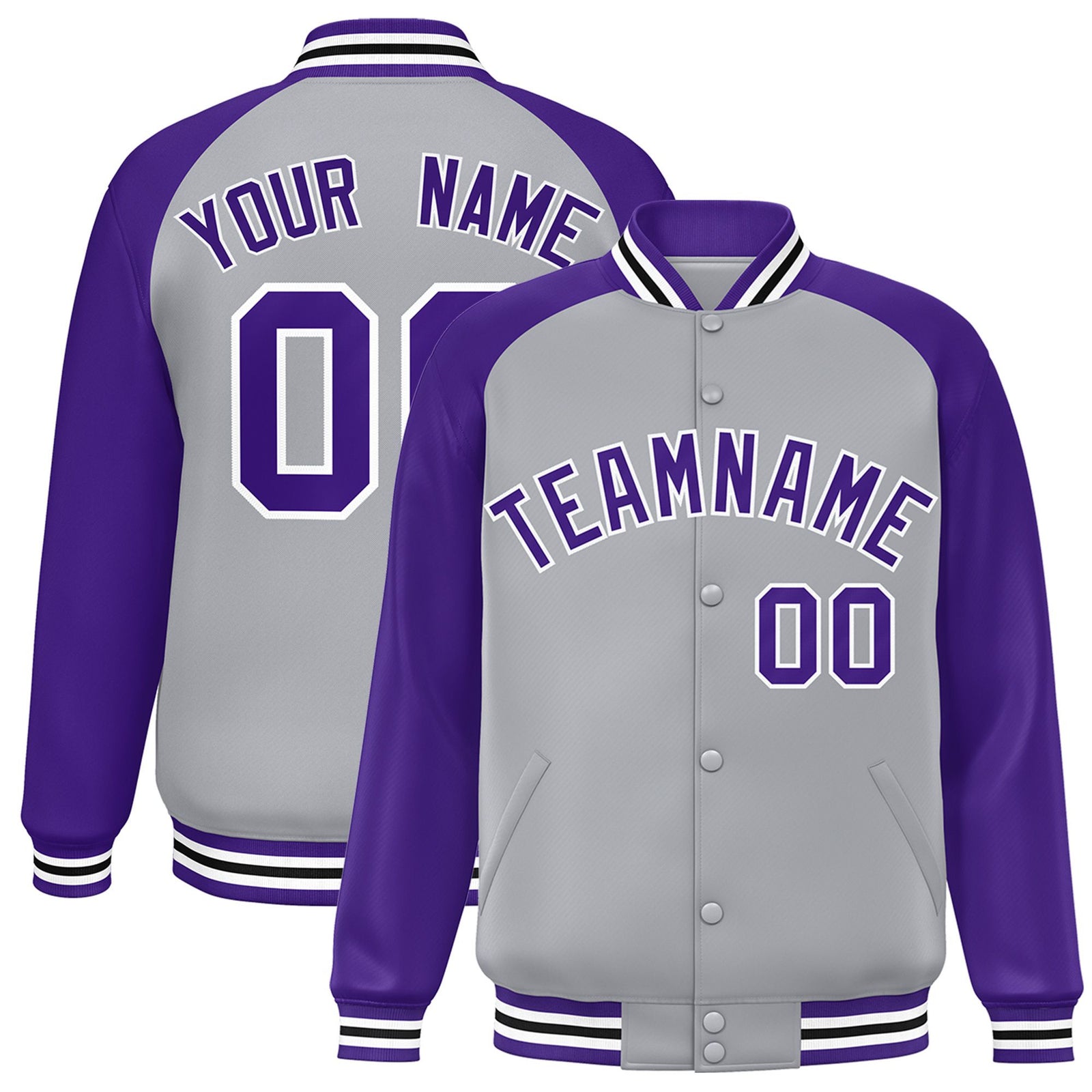 Custom Gray Purple White Bomber Raglan Sleeves Varsity Letterman Jacket