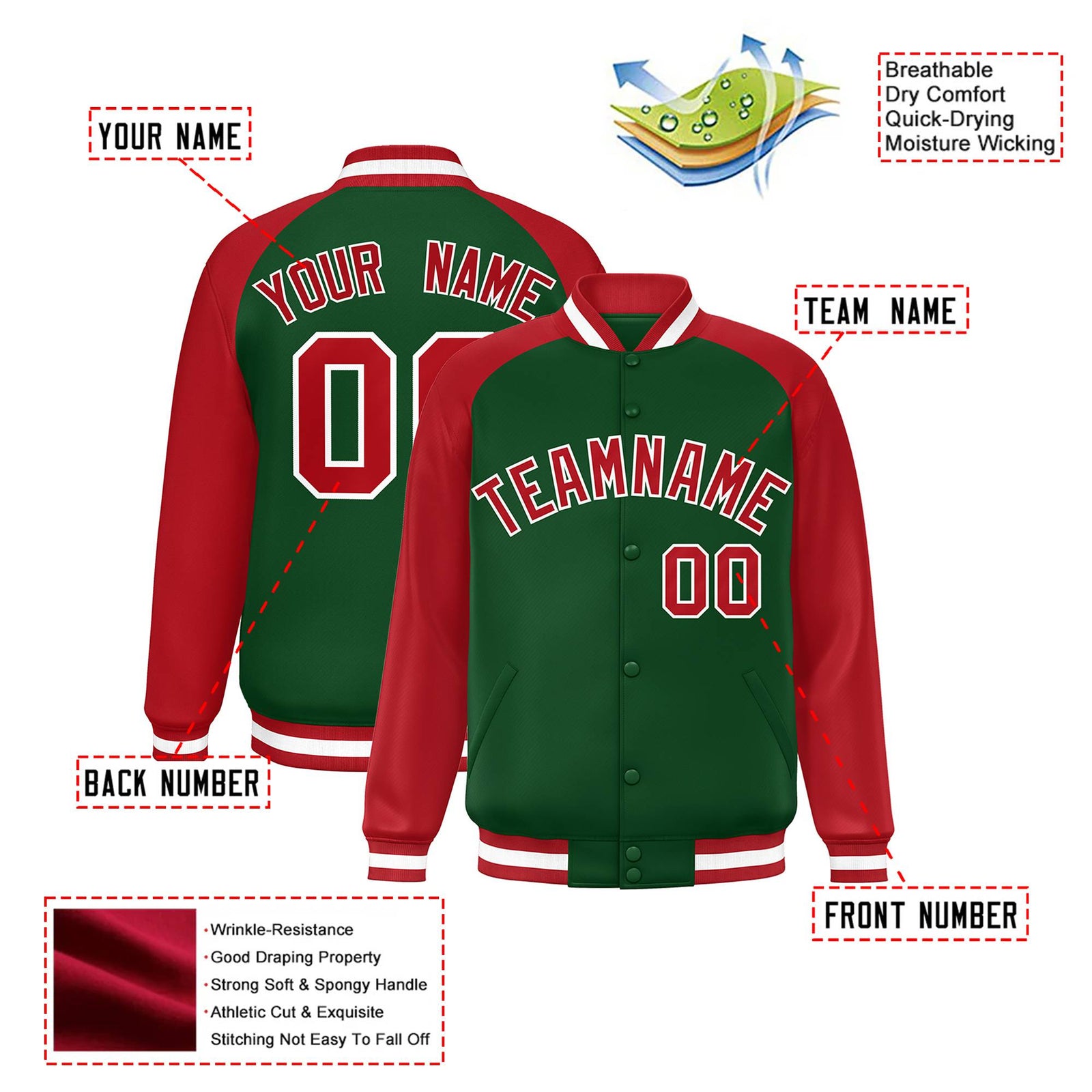 Custom Kelly Green Red White Bomber Raglan Sleeves Varsity Letterman Jacket