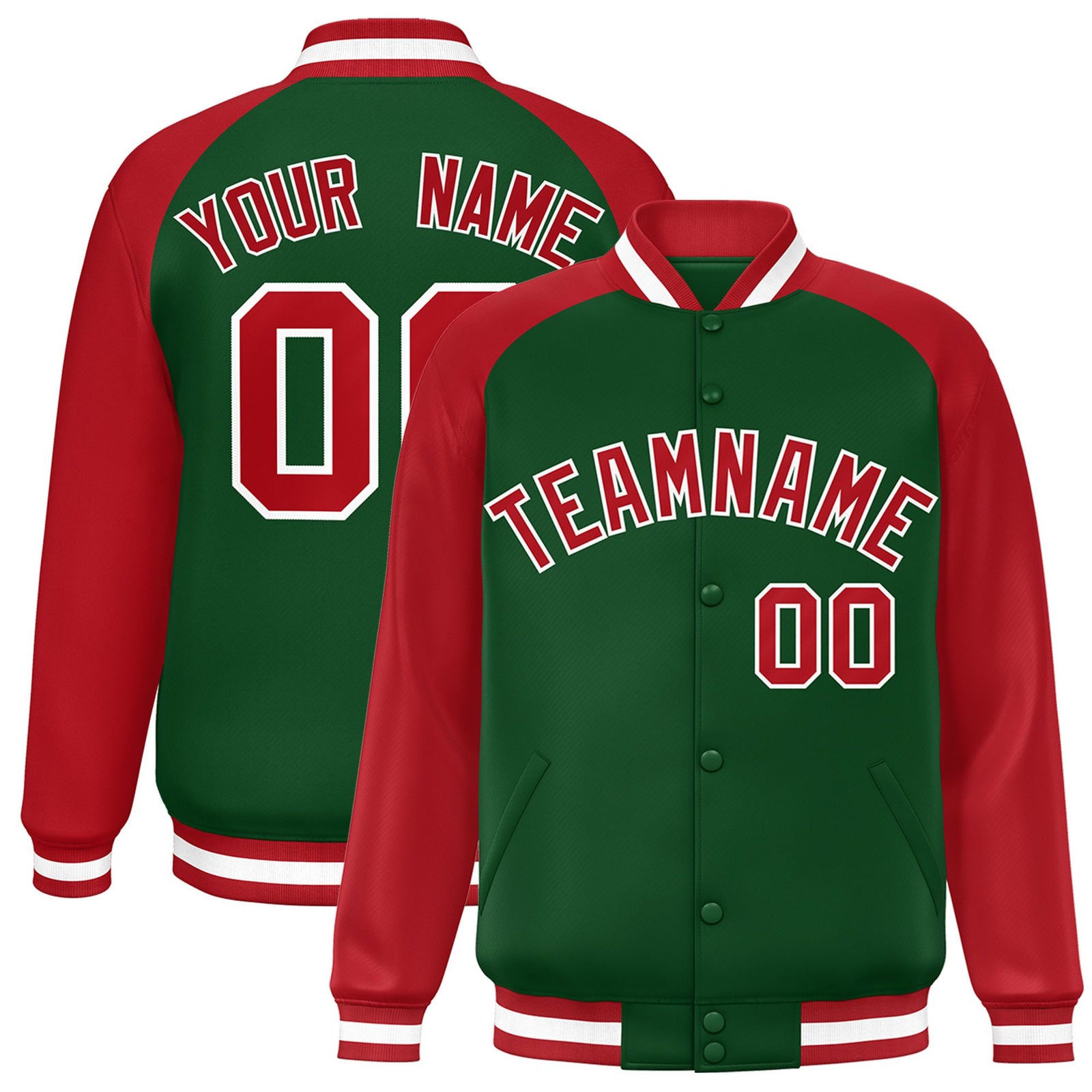 Custom Kelly Green Red White Bomber Raglan Sleeves Varsity Letterman Jacket