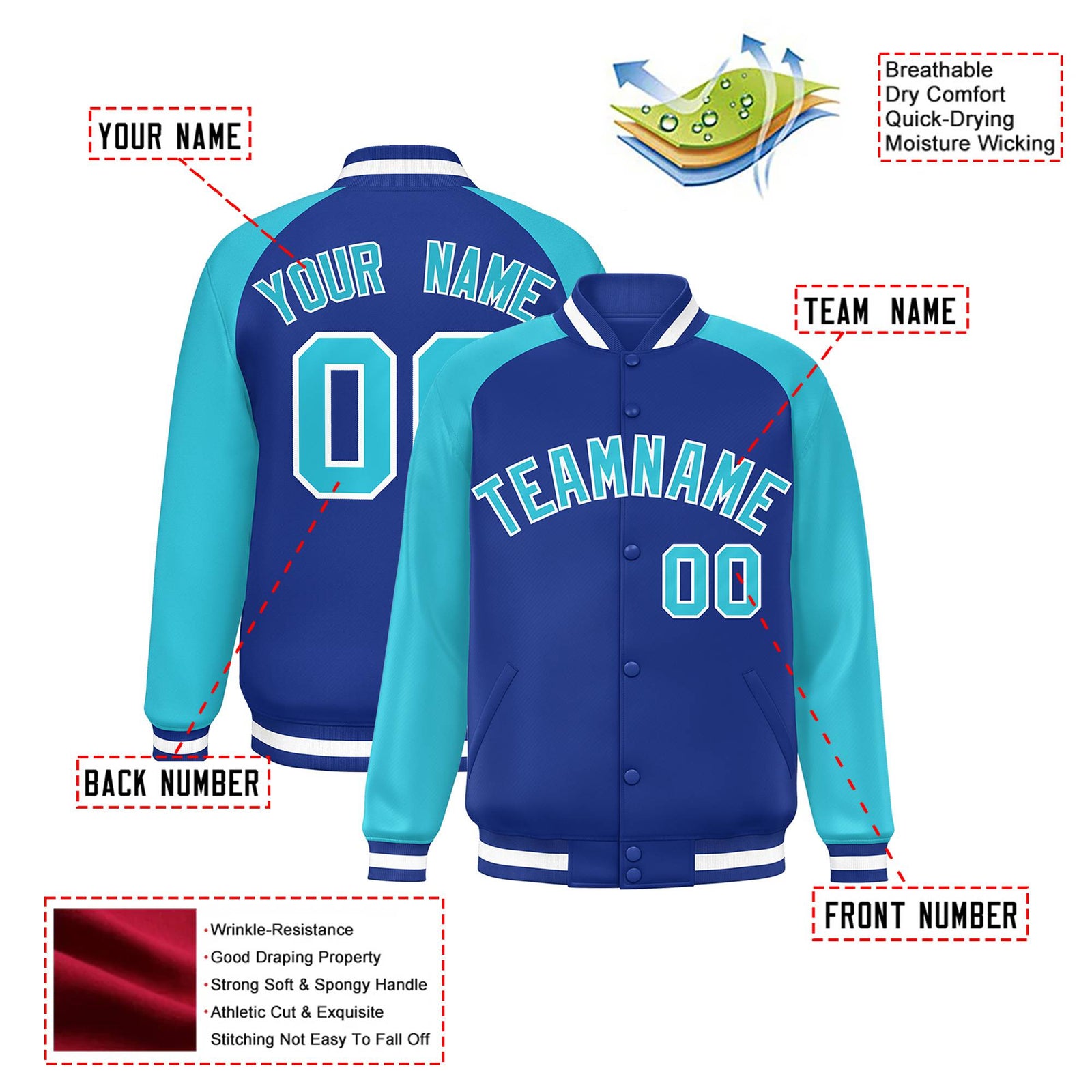Custom Thunder-Blue Aqua-White Bomber Raglan Sleeves Varsity Letterman Jacket