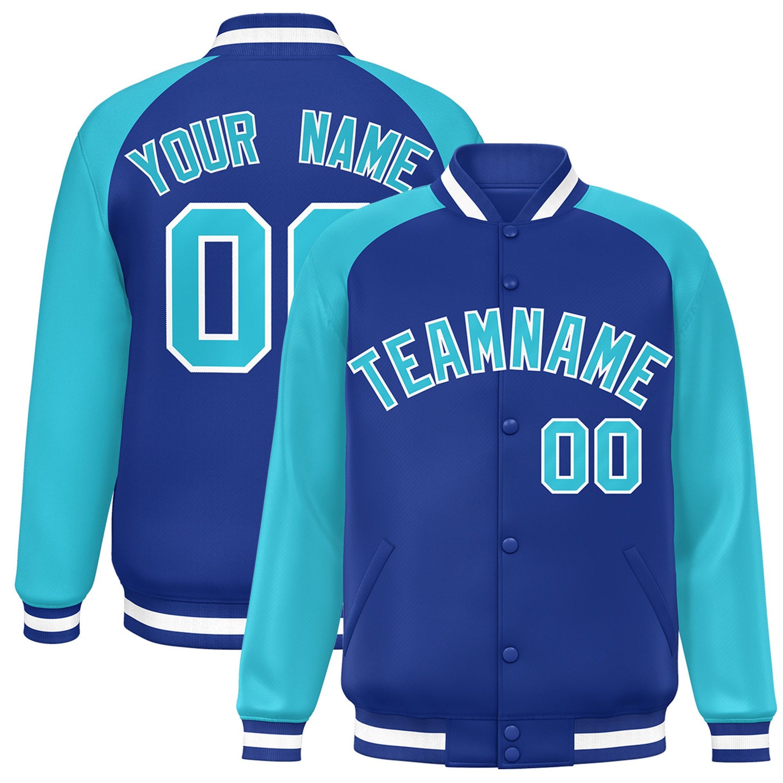 Custom Thunder-Blue Aqua-White Bomber Raglan Sleeves Varsity Letterman Jacket