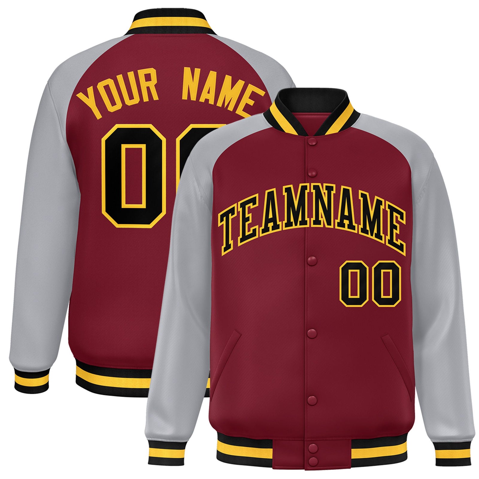 Custom Royal-Red Gray Black-Gold Bomber Raglan Sleeves Varsity Letterman Jacket