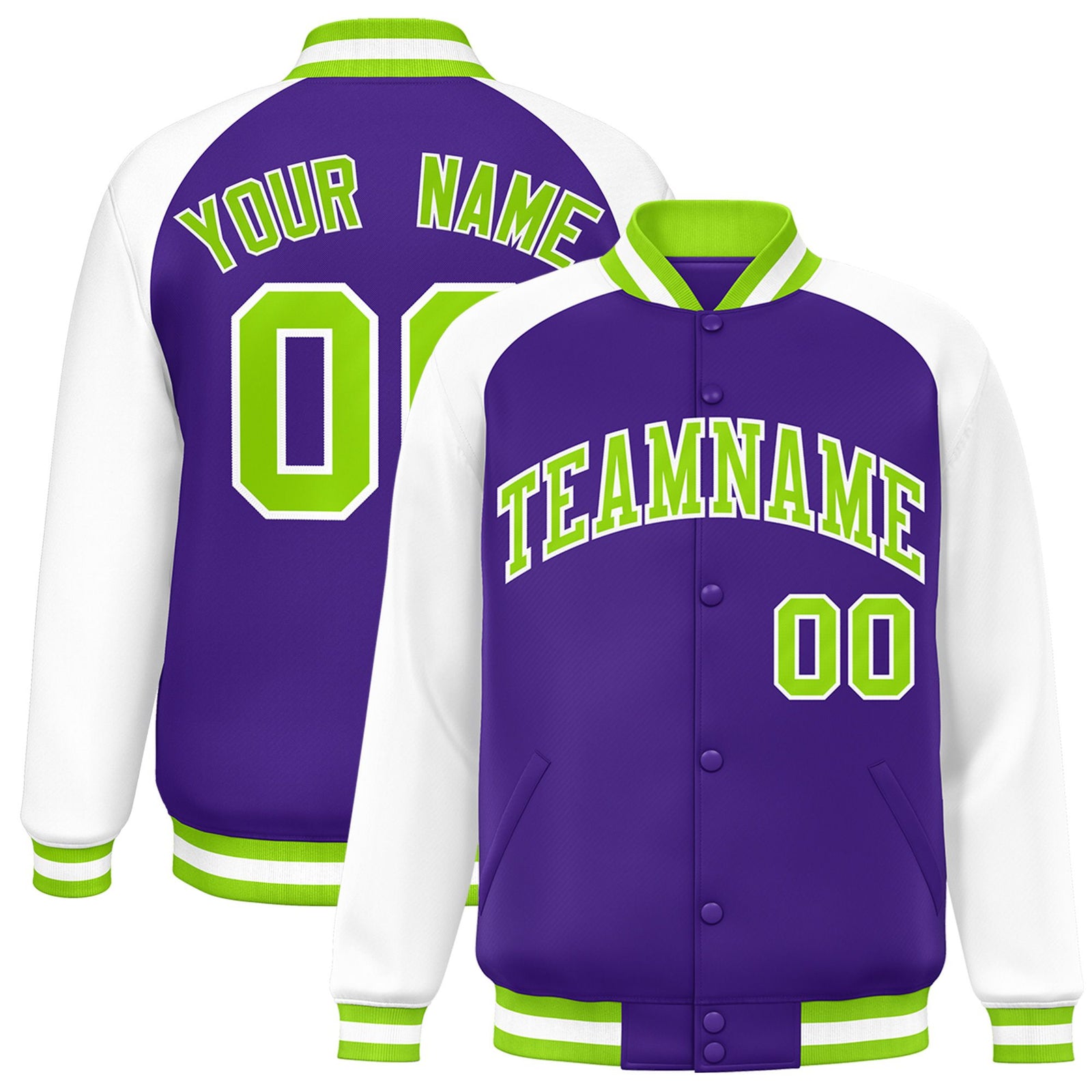 Custom Purple White Neon-Green Bomber Raglan Sleeves Varsity Letterman Jacket