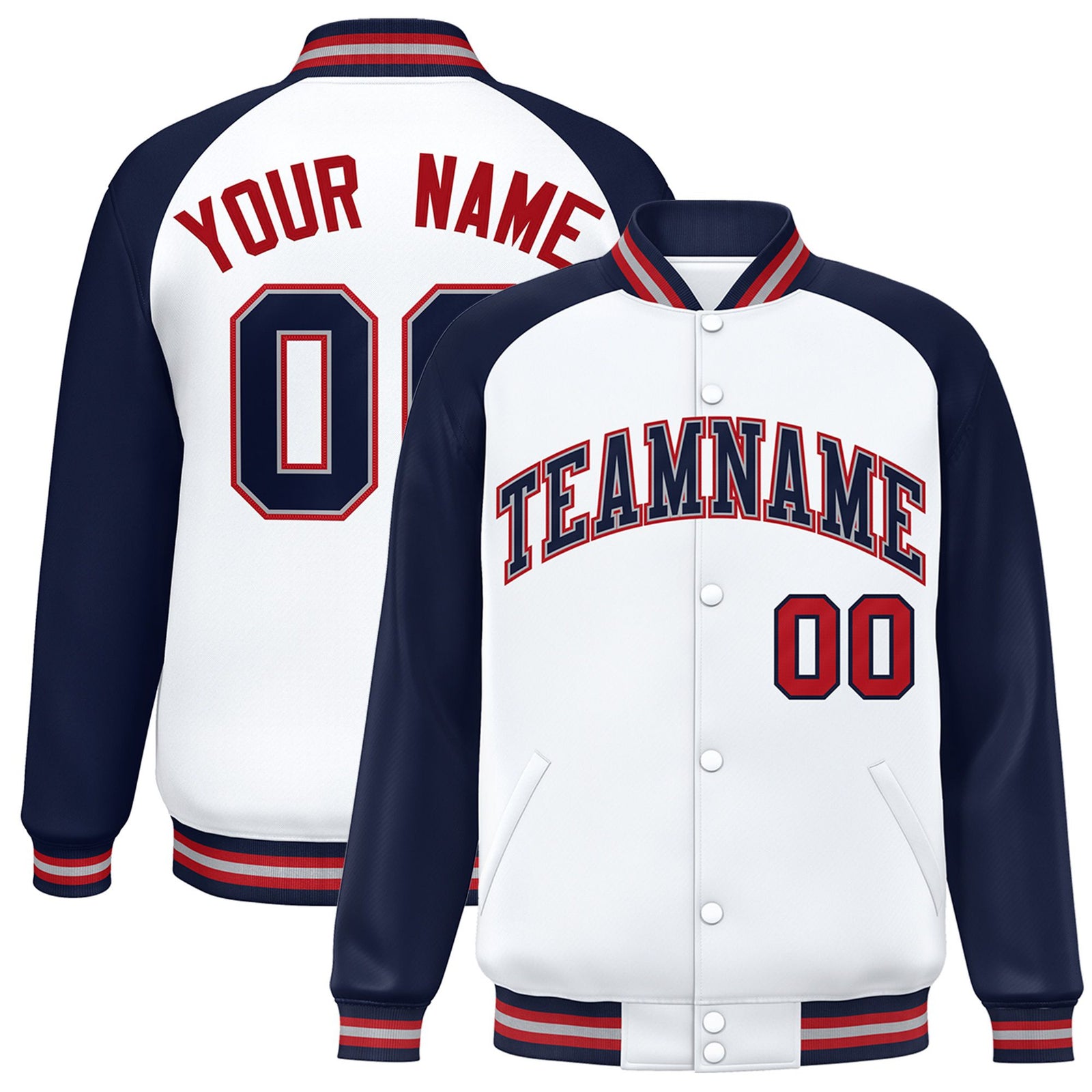 Custom White Navy-Red Gray Bomber Raglan Sleeves Varsity Letterman Jacket