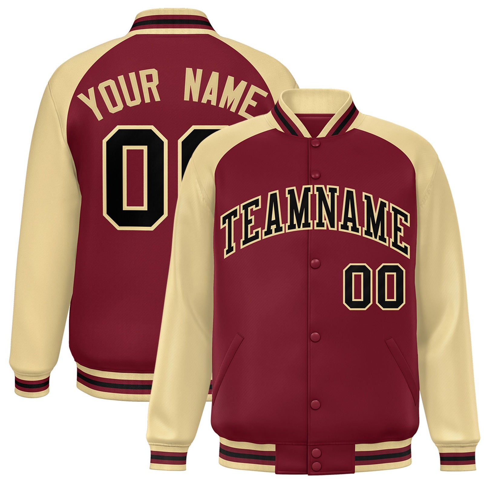 Custom Burgundy Old-Gold Black Bomber Raglan Sleeves Varsity Letterman Jacket