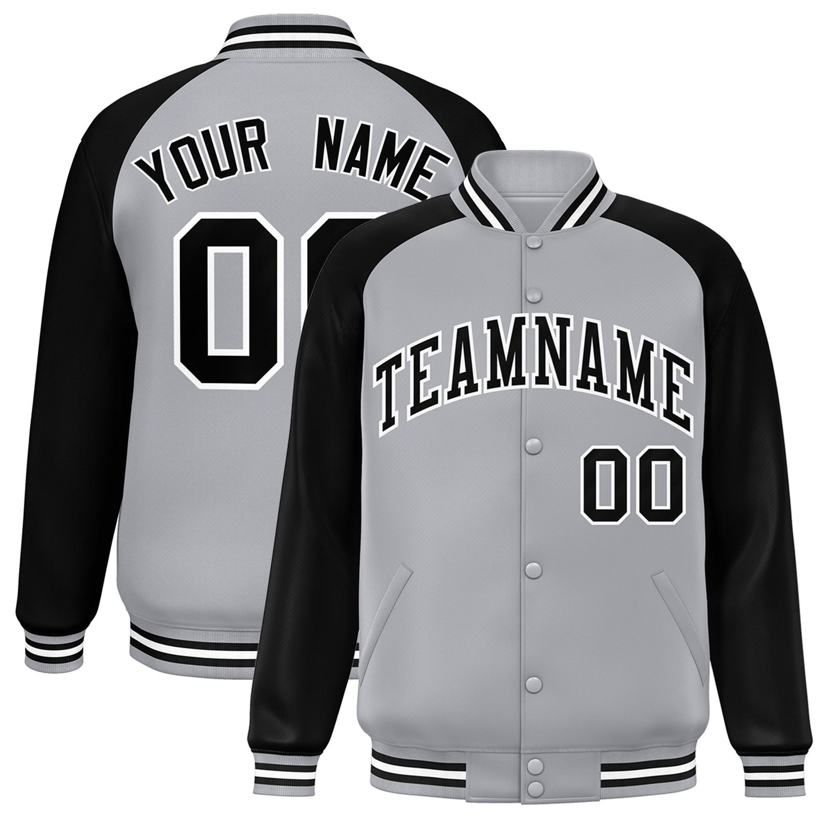 Custom Gray Black-White Bomber Raglan Sleeves Varsity Letterman Jacket