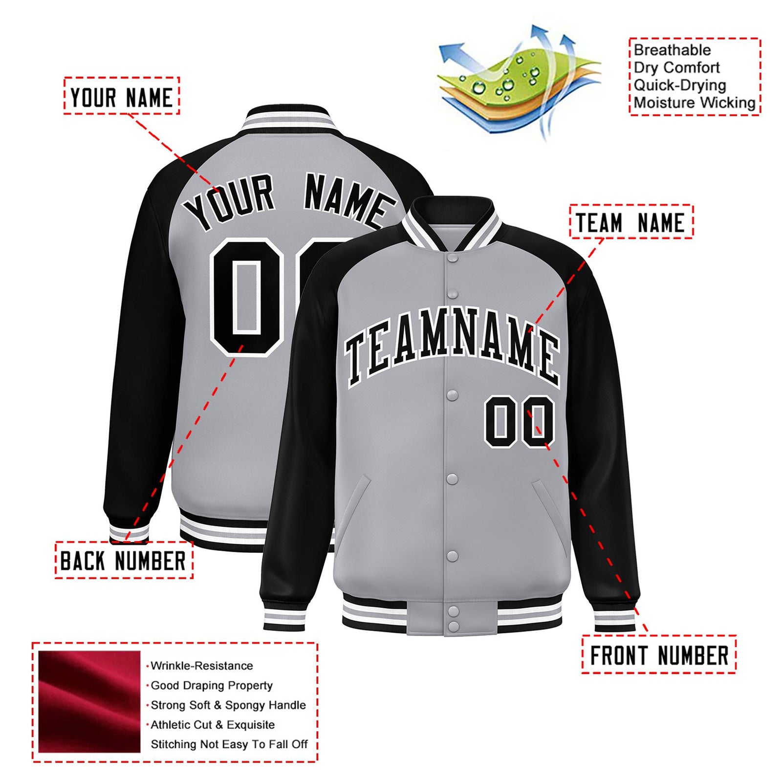 Custom Gray Black-White Gray Bomber Raglan Sleeves Varsity Letterman Jacket