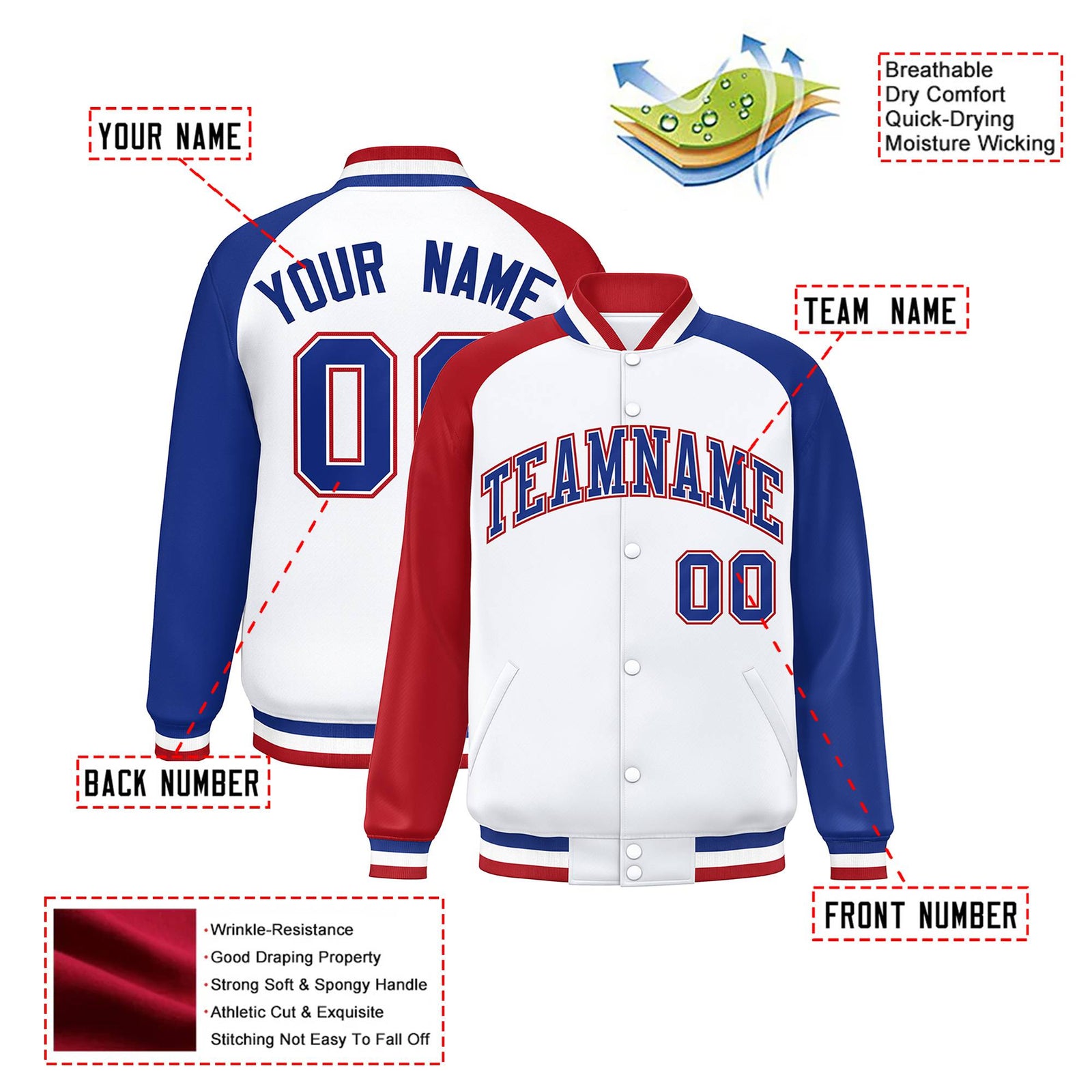 Custom White Royal-Red Thunder-Blue Bomber Raglan Sleeves Varsity Letterman Jacket