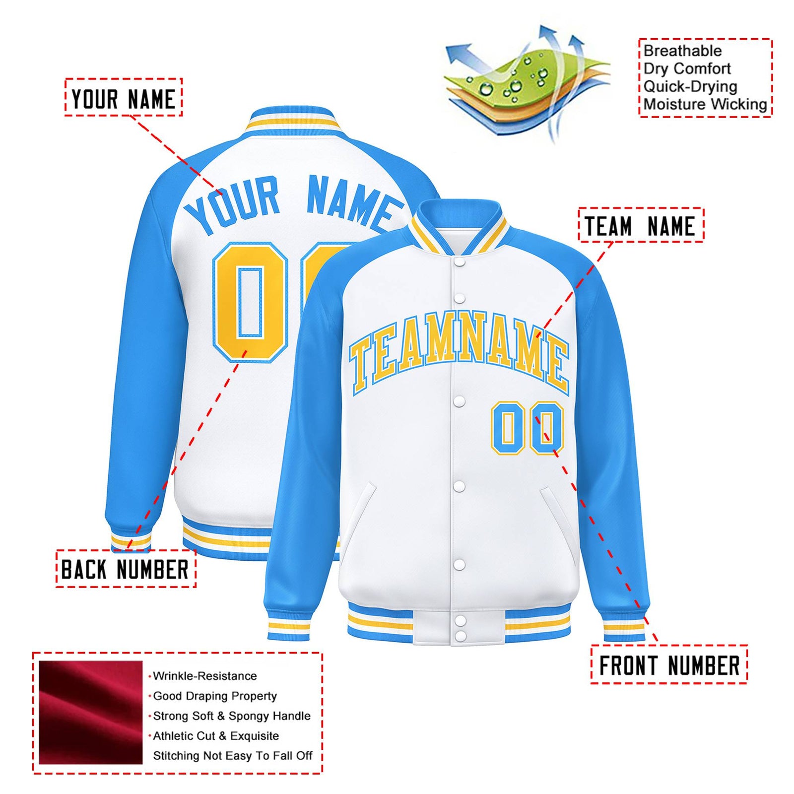 Custom White Light-Blue Yellow Bomber Raglan Sleeves Varsity Letterman Jacket