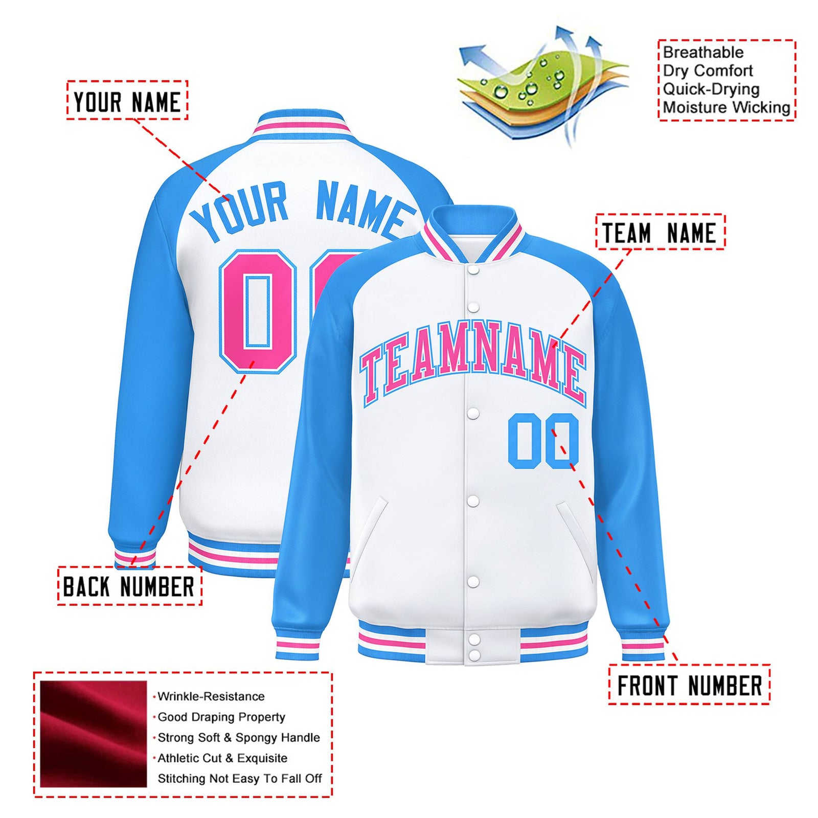 Custom White Light-Blue Pink Bomber Raglan Sleeves Varsity Letterman Jacket