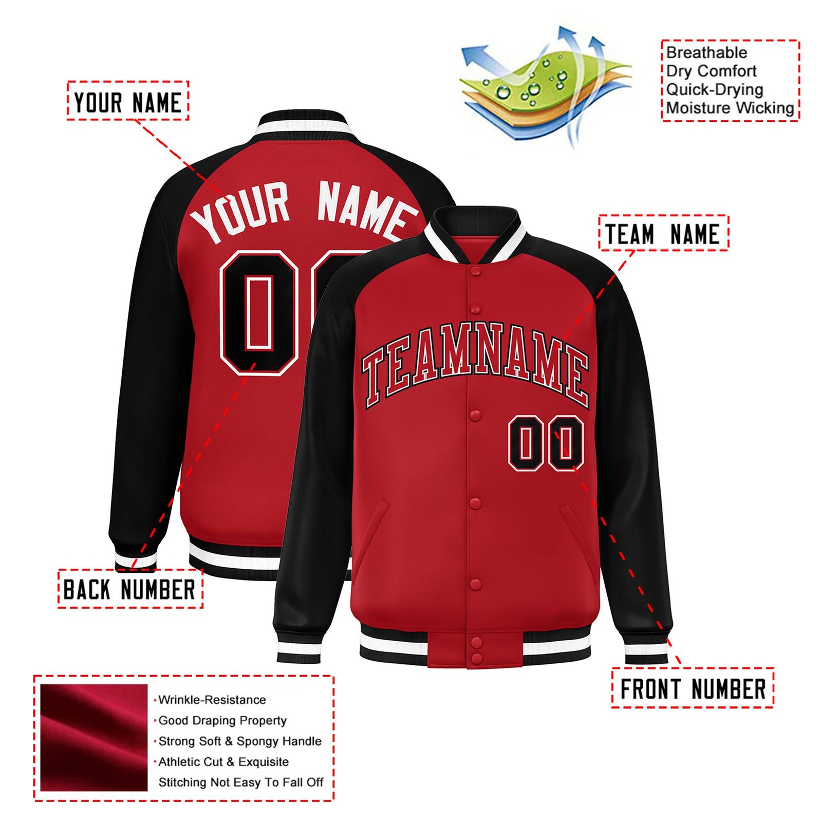 Custom Royal-Red Black Bomber Raglan Sleeves Varsity Letterman Jacket