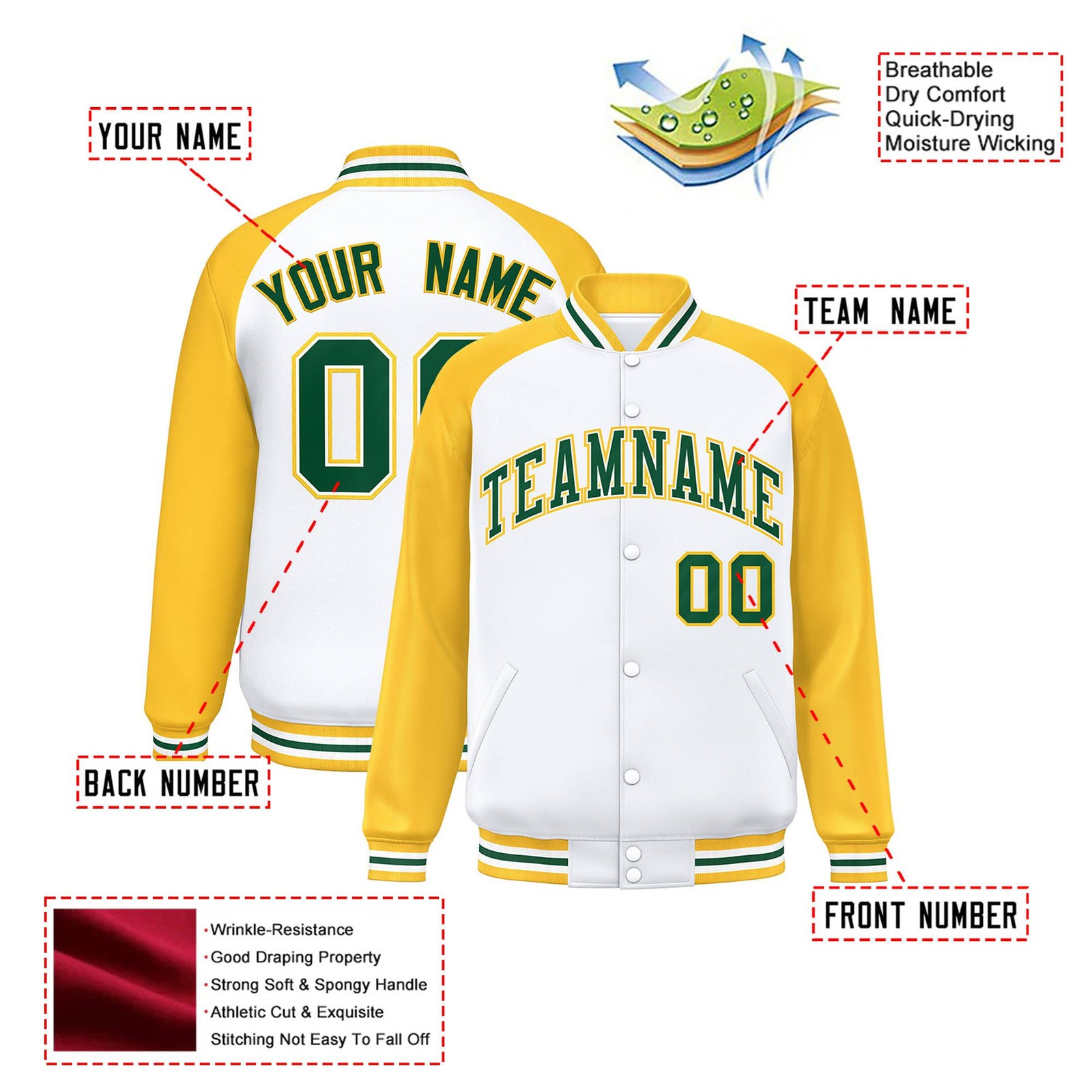 Custom White-Yellow Neon-Green Bomber Raglan Sleeves Varsity Letterman Jacket