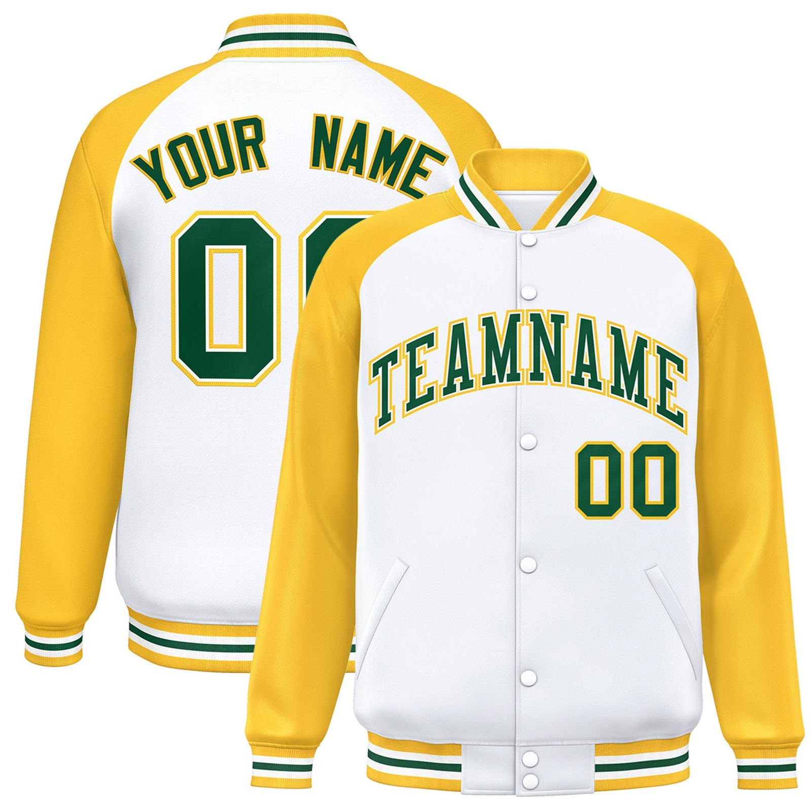 Custom White-Yellow Neon-Green Bomber Raglan Sleeves Varsity Letterman Jacket