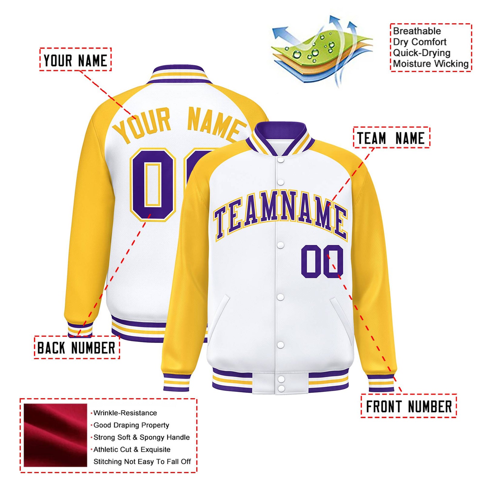 Custom White-Yellow Purple Bomber Raglan Sleeves Varsity Letterman Jacket