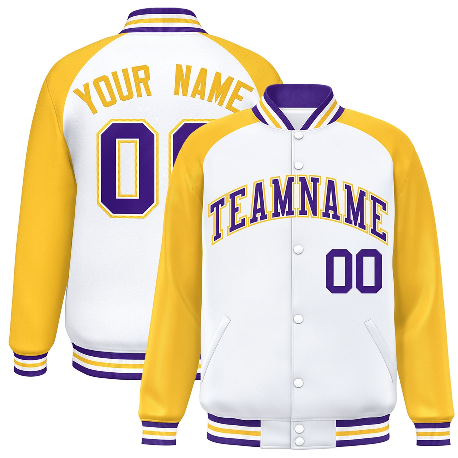 Custom White-Yellow Purple Bomber Raglan Sleeves Varsity Letterman Jacket