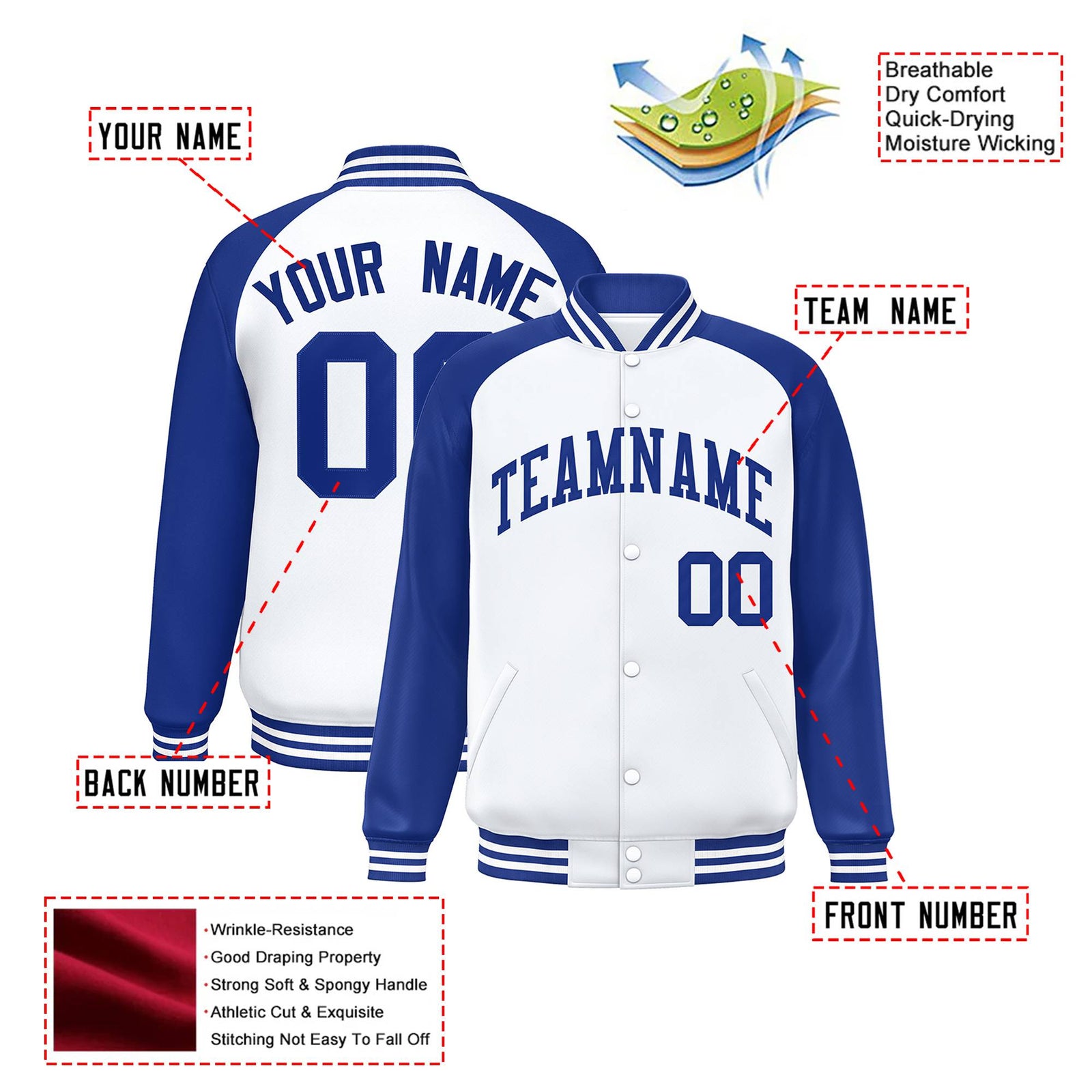 Custom White Thunder-Blue Bomber Raglan Sleeves Varsity Letterman Jacket