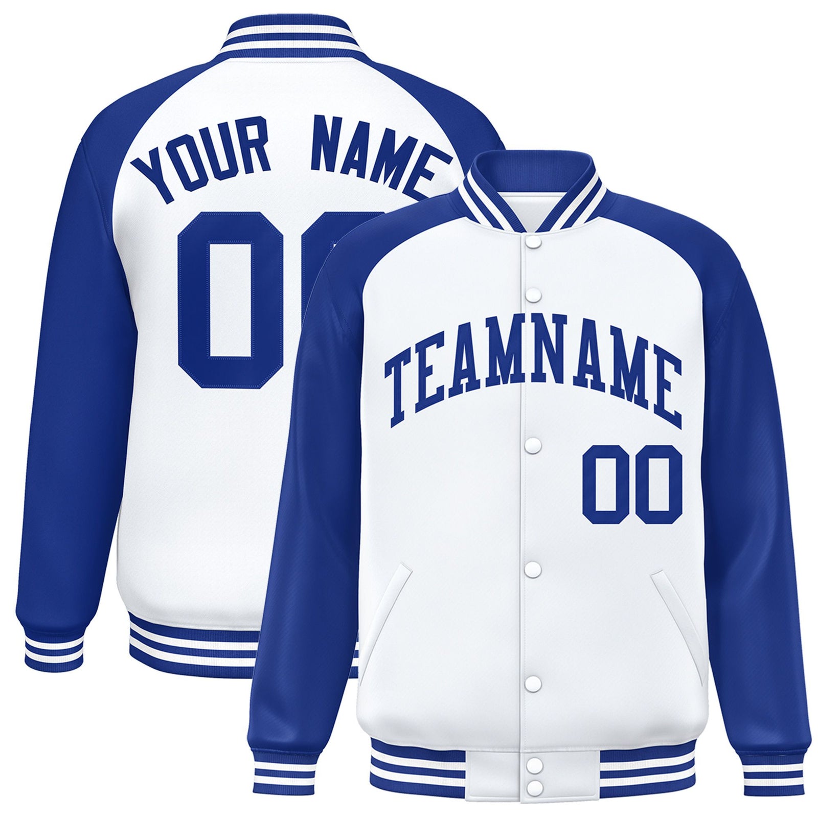 Custom White Thunder-Blue Bomber Raglan Sleeves Varsity Letterman Jacket