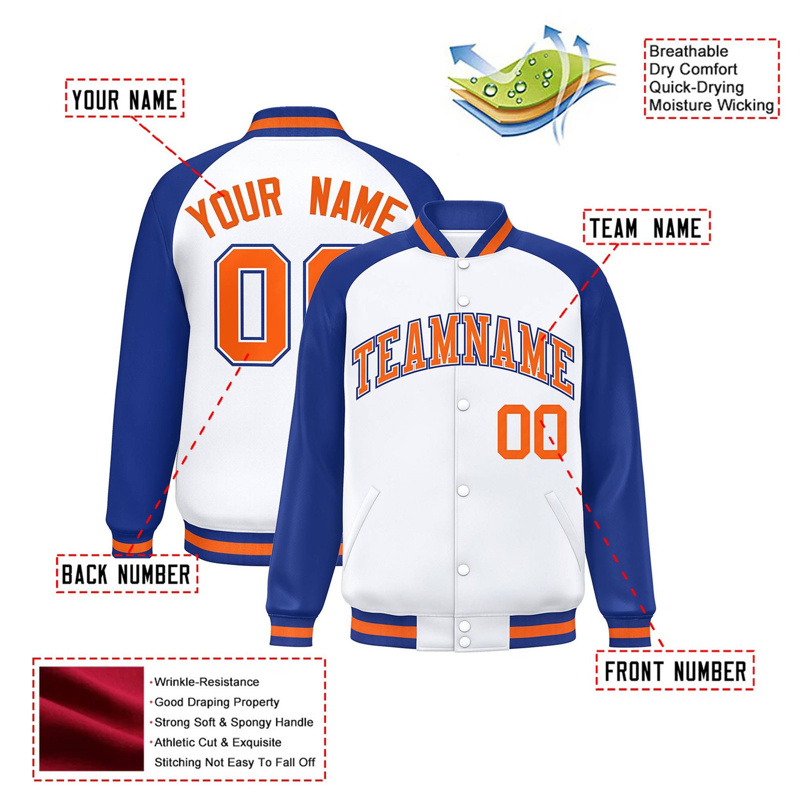 Custom White Thunder-Blue Orange Bomber Raglan Sleeves Varsity Letterman Jacket