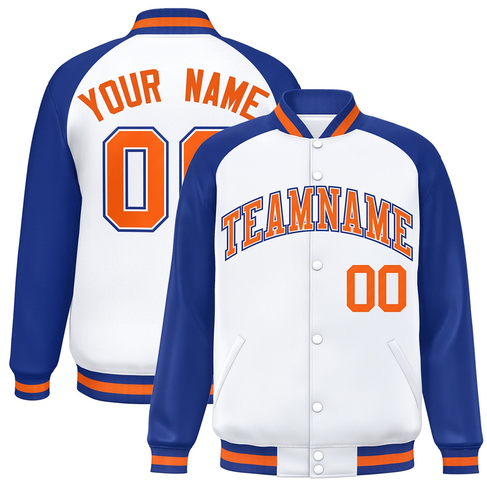 Custom White Thunder-Blue Orange Bomber Raglan Sleeves Varsity Letterman Jacket