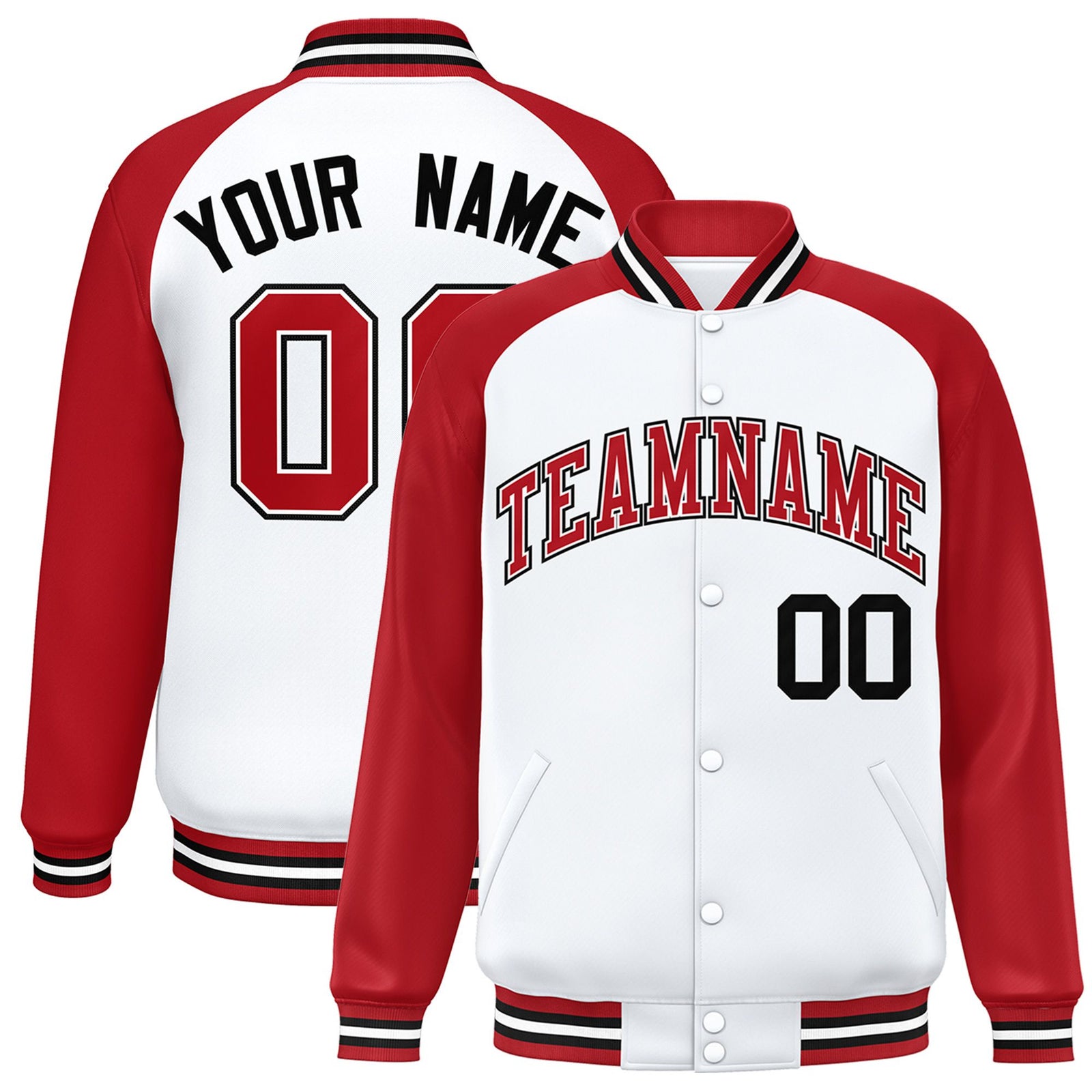 Custom White Red Black Bomber Raglan Sleeves Varsity Letterman Jacket