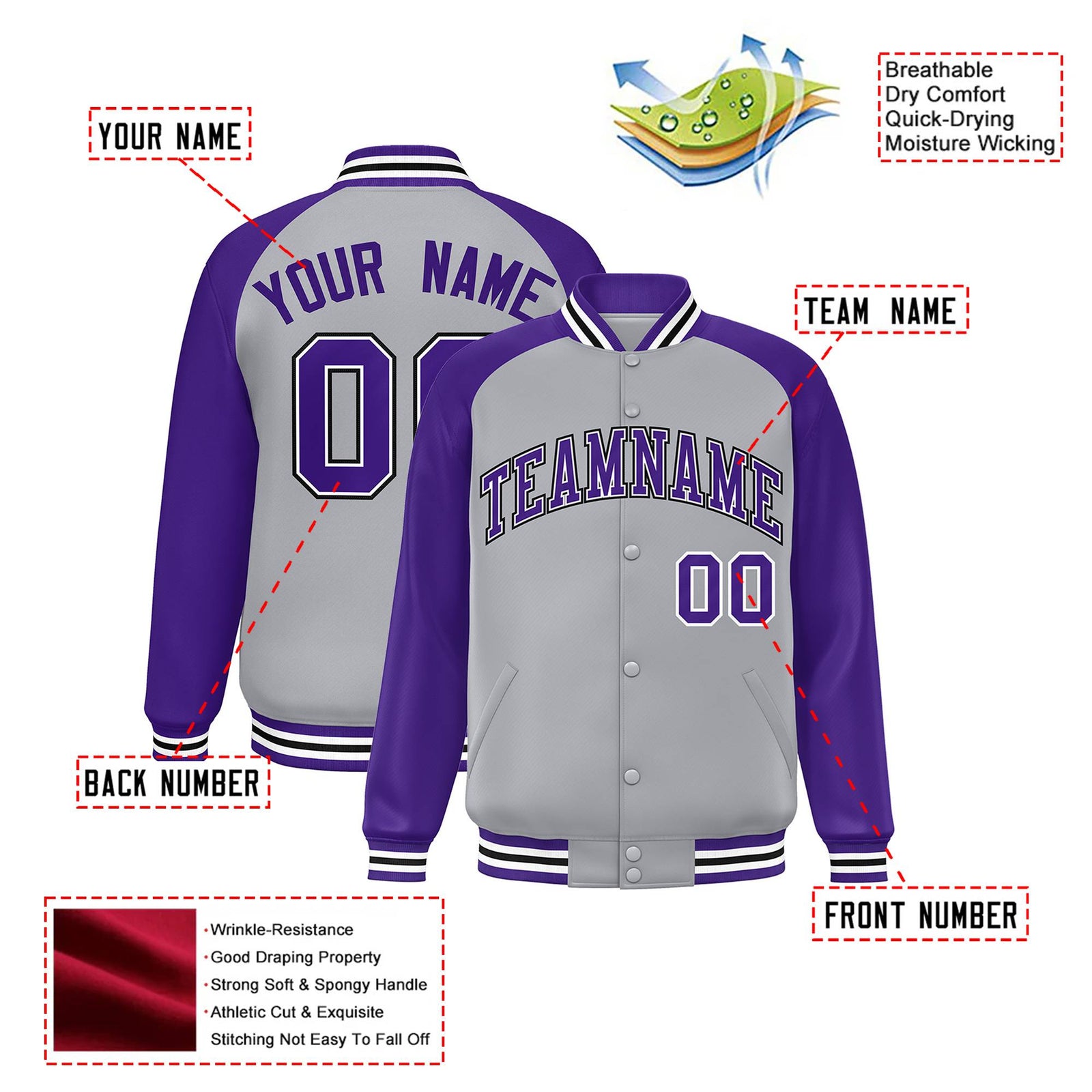 Custom Gray Purple White Bomber Raglan Sleeves Varsity Letterman Jacket