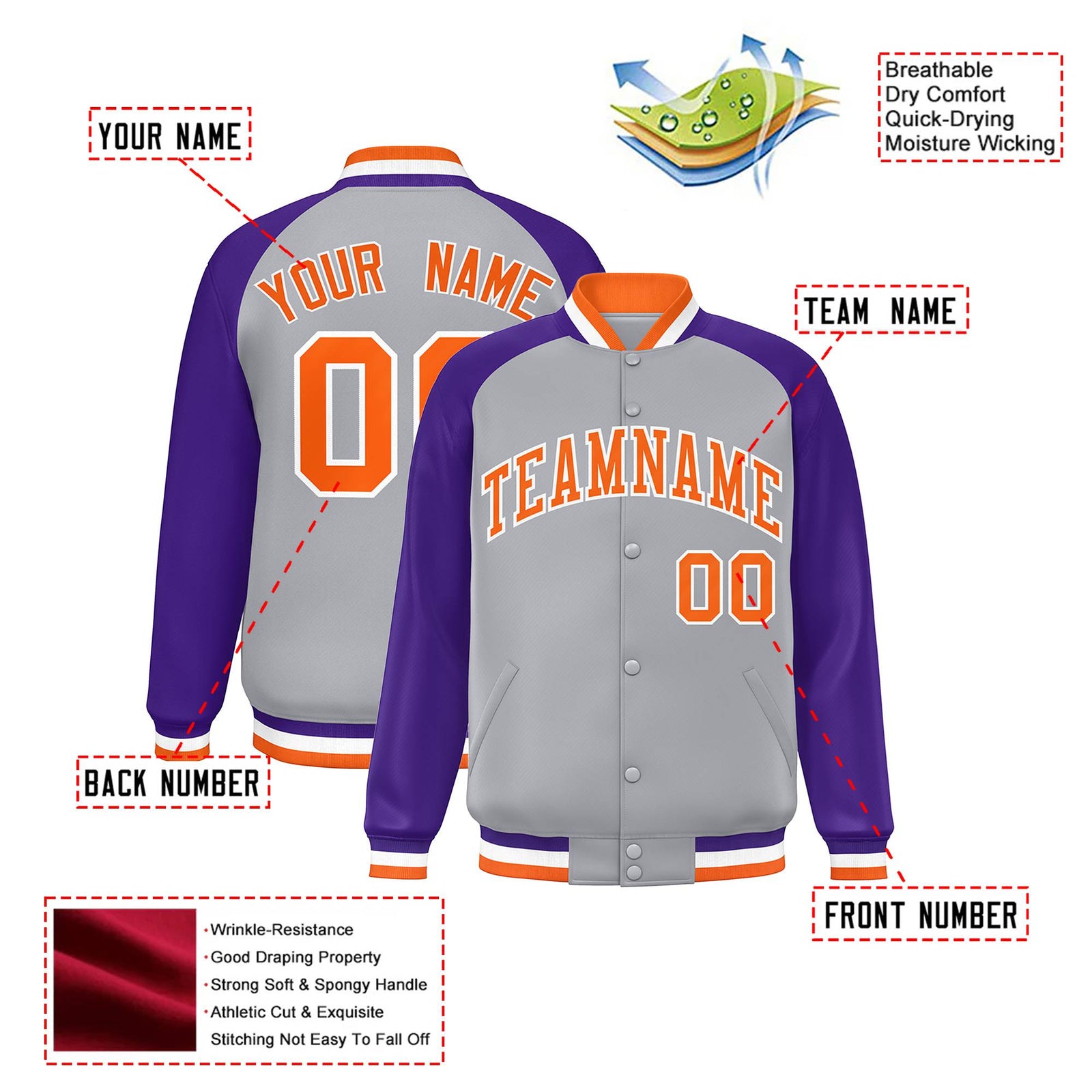 Custom Gray Purple Orange Bomber Raglan Sleeves Varsity Letterman Jacket