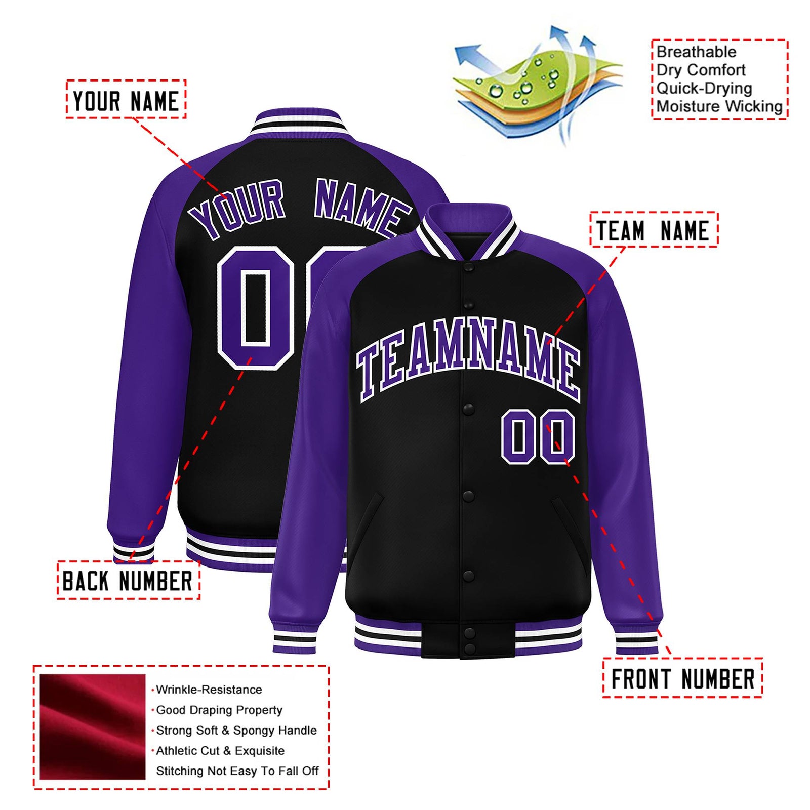 Custom Black Purple White Bomber Raglan Sleeves Varsity Letterman Jacket