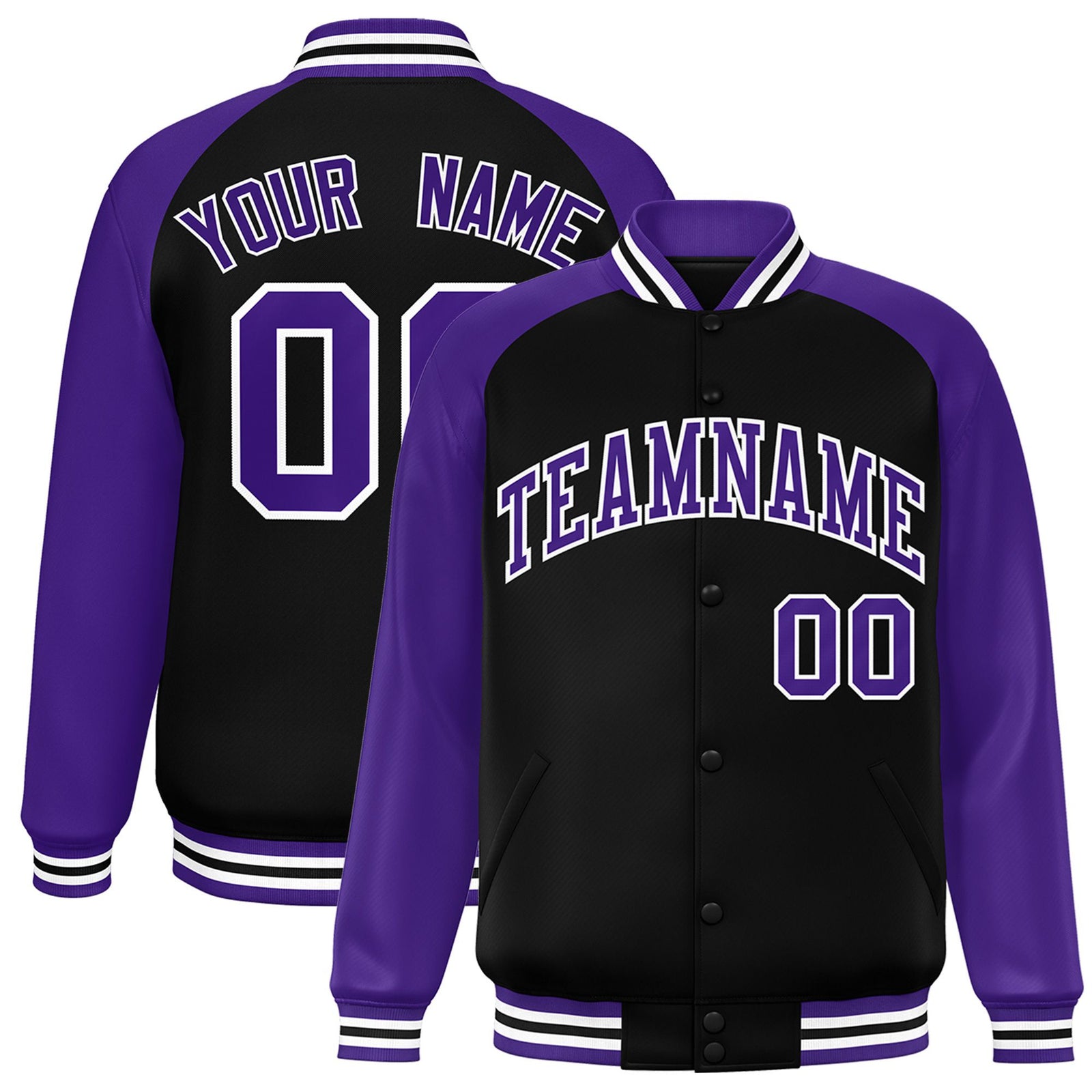 Custom Black Purple White Bomber Raglan Sleeves Varsity Letterman Jacket