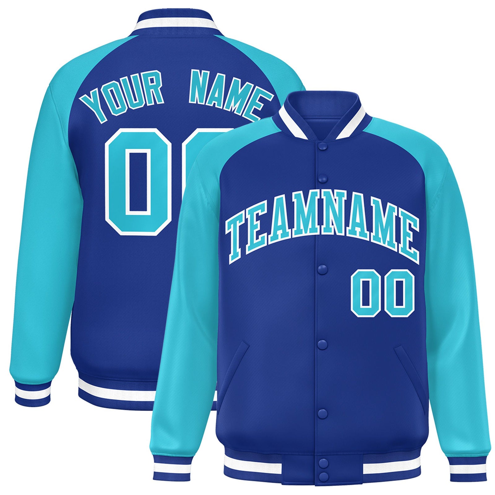Custom Thunder-Blue Aqua-White Bomber Raglan Sleeves Varsity Letterman Jacket