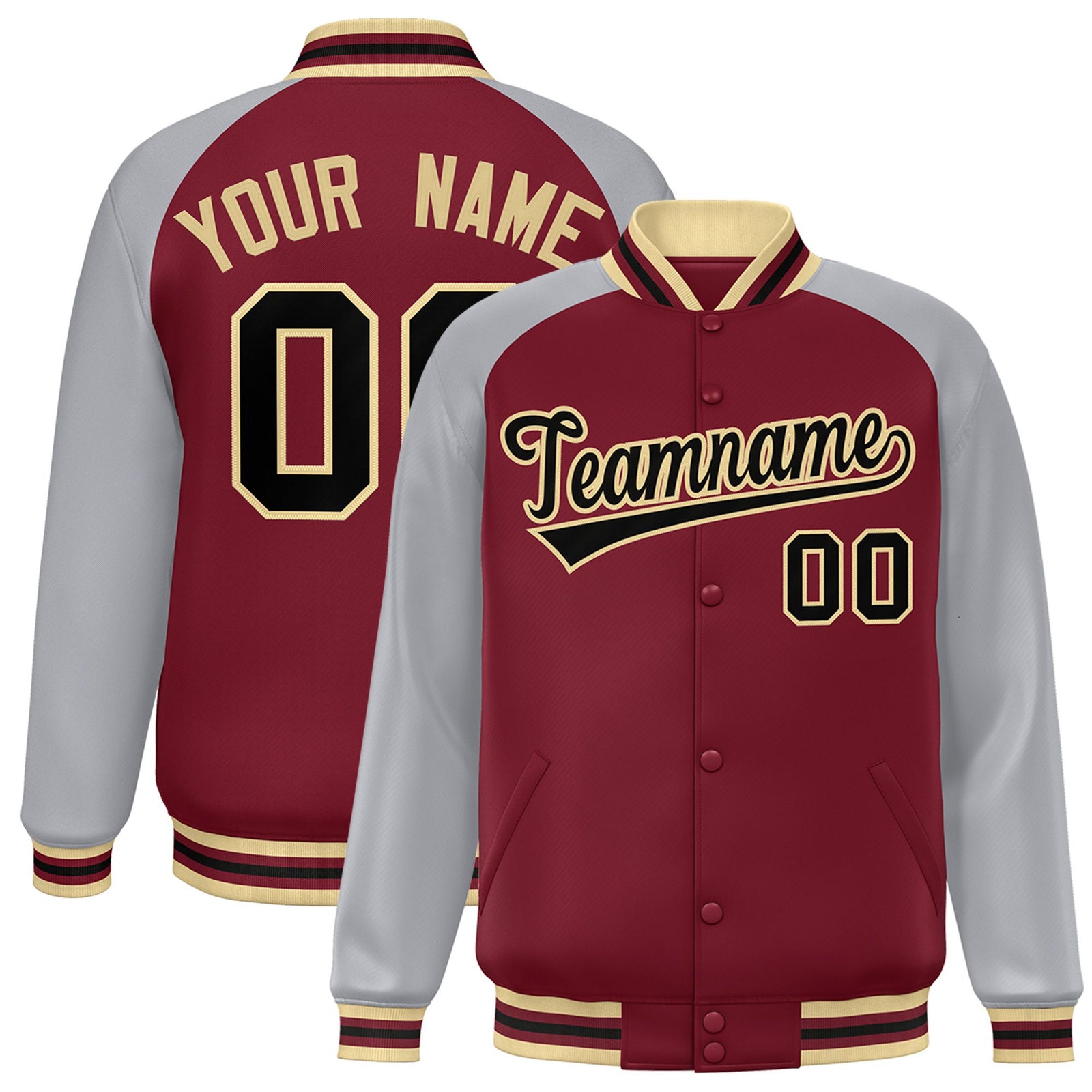Custom Royal-Red Gray Black Old-Gold Bomber Raglan Sleeves Varsity Letterman Jacket