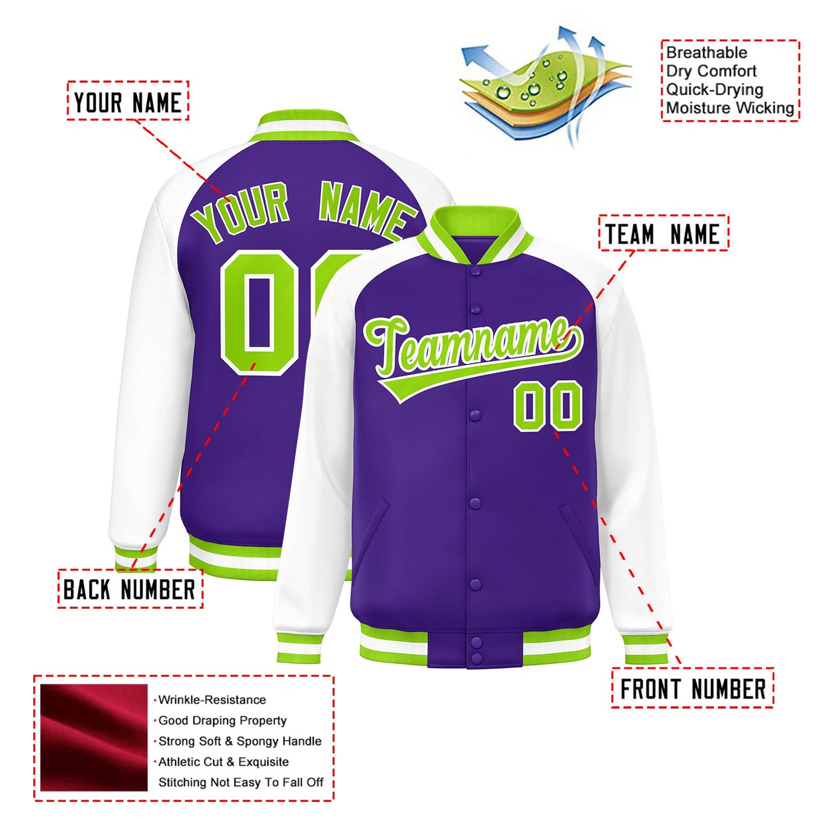 Custom Purple White Neon-Green Bomber Raglan Sleeves Varsity Letterman Jacket