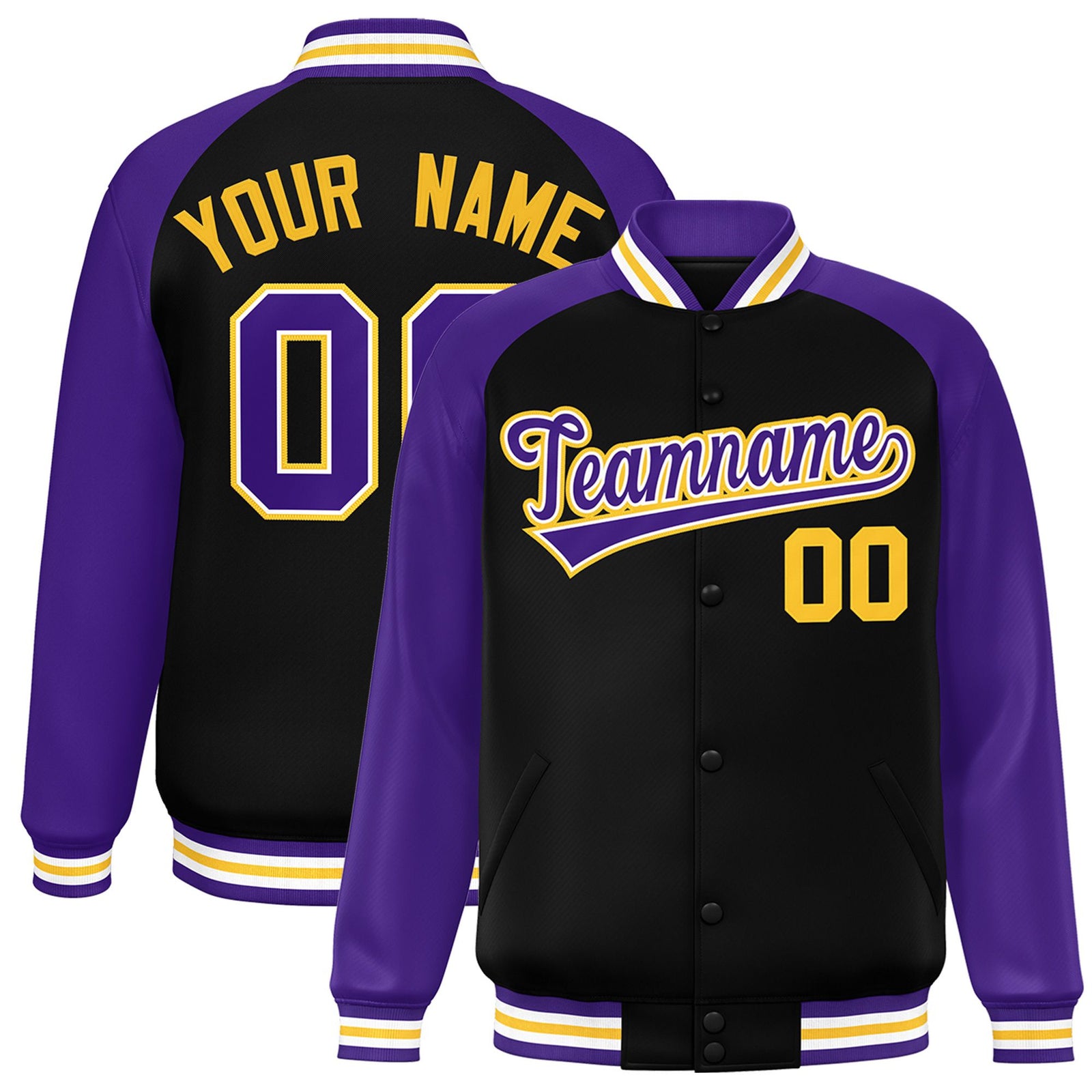 Custom Black Purple-Yellow Bomber Raglan Sleeves Varsity Letterman Jacket