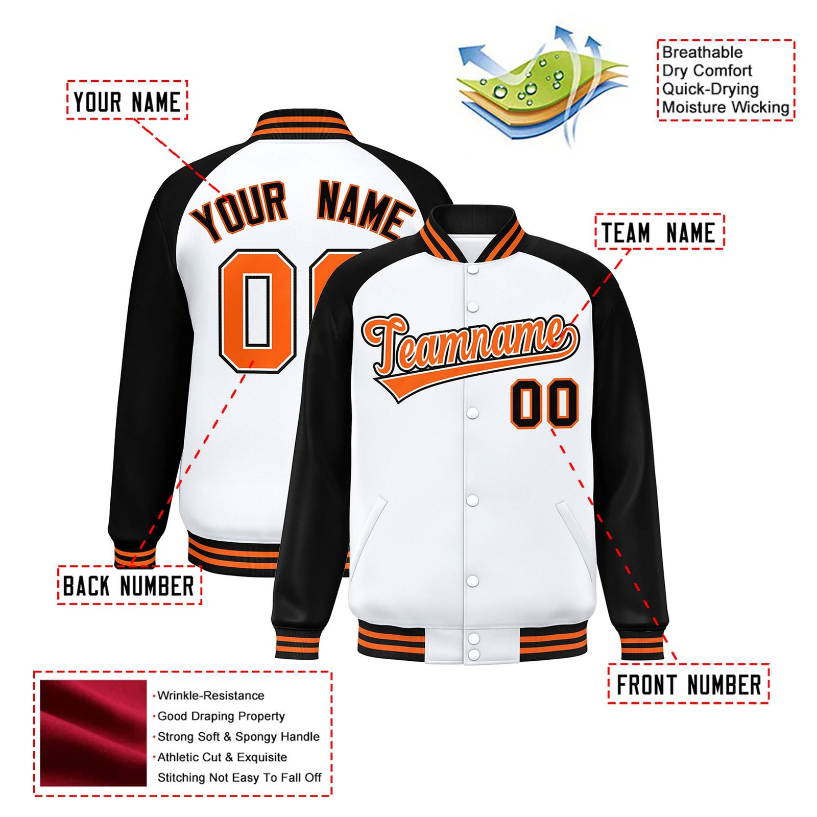 Custom White Black-Orange Bomber Raglan Sleeves Varsity Letterman Jacket