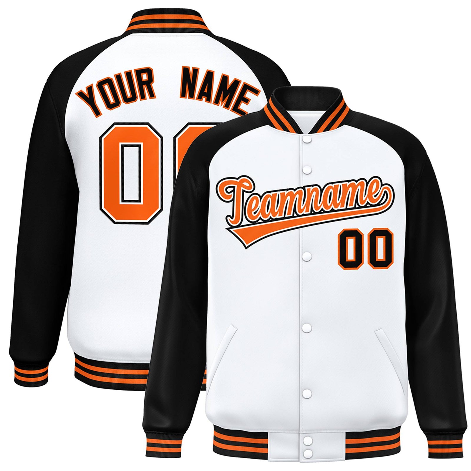 Custom White Black-Orange Bomber Raglan Sleeves Varsity Letterman Jacket