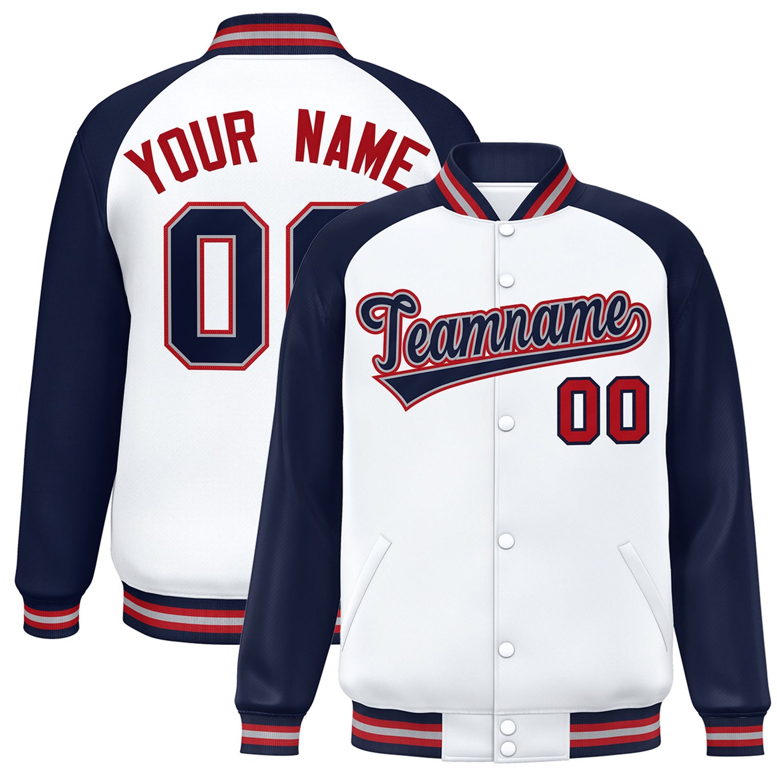 Custom White Navy-Red Gray Bomber Raglan Sleeves Varsity Letterman Jacket